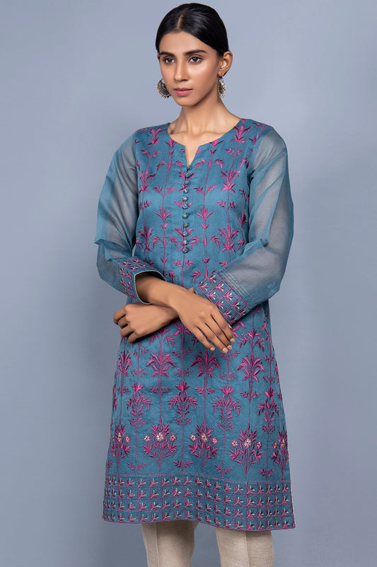 Stitched 1 Piece Organza Striped Embroidered Shirt