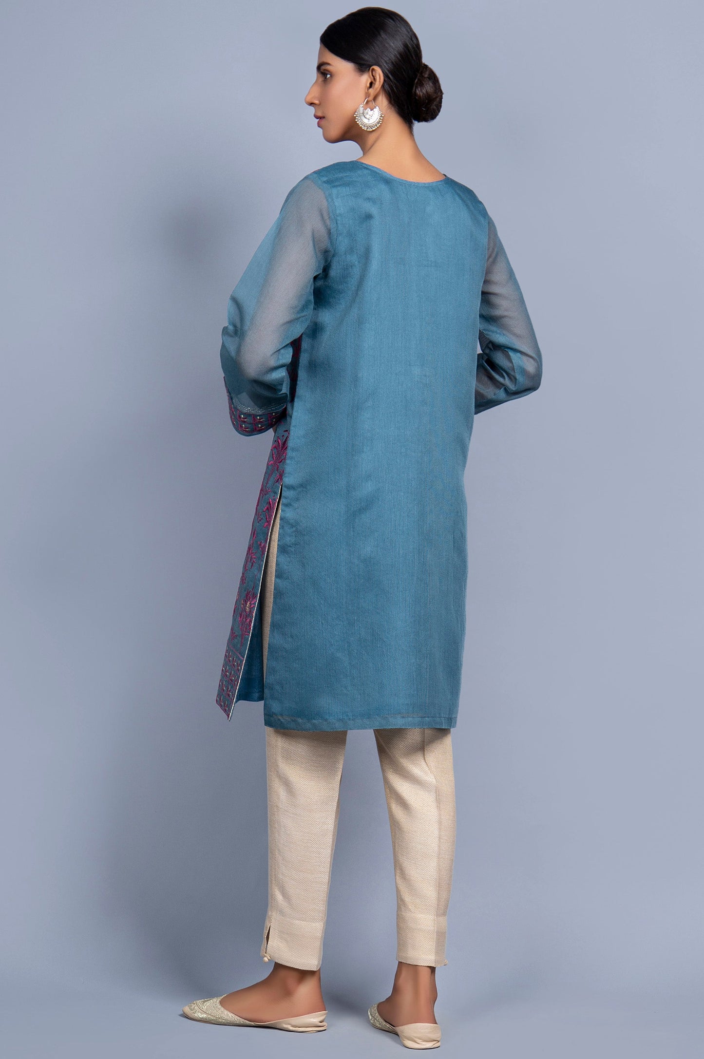 Stitched 1 Piece Organza Striped Embroidered Shirt