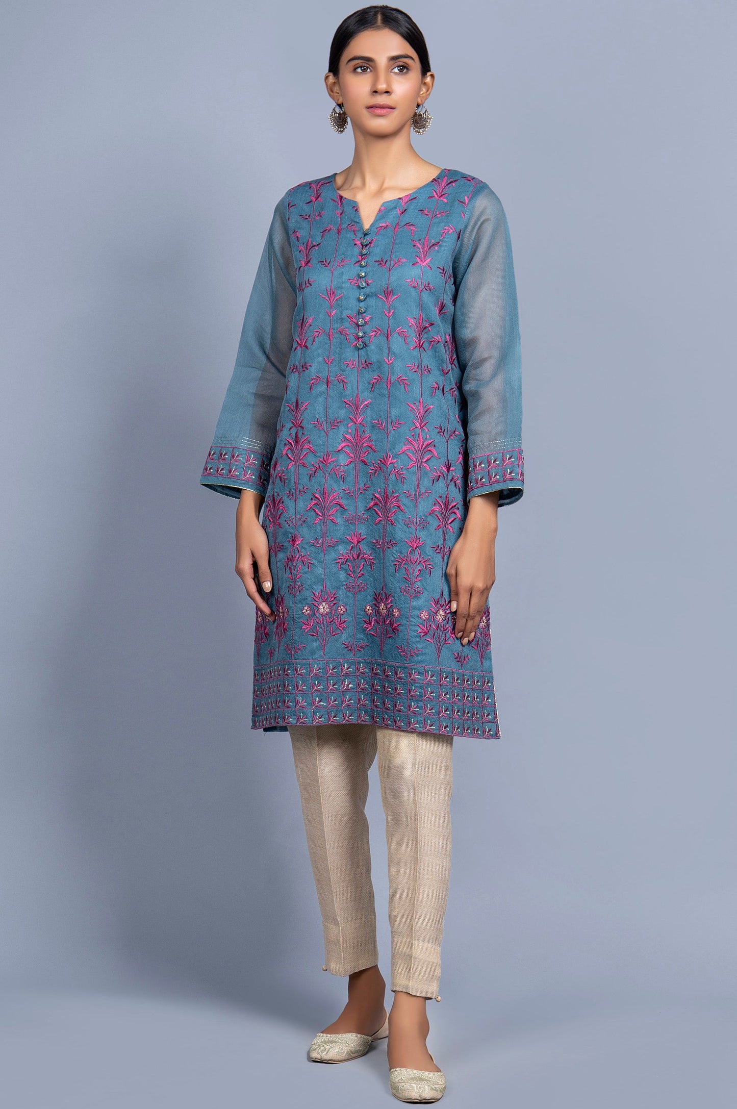 Stitched 1 Piece Organza Striped Embroidered Shirt