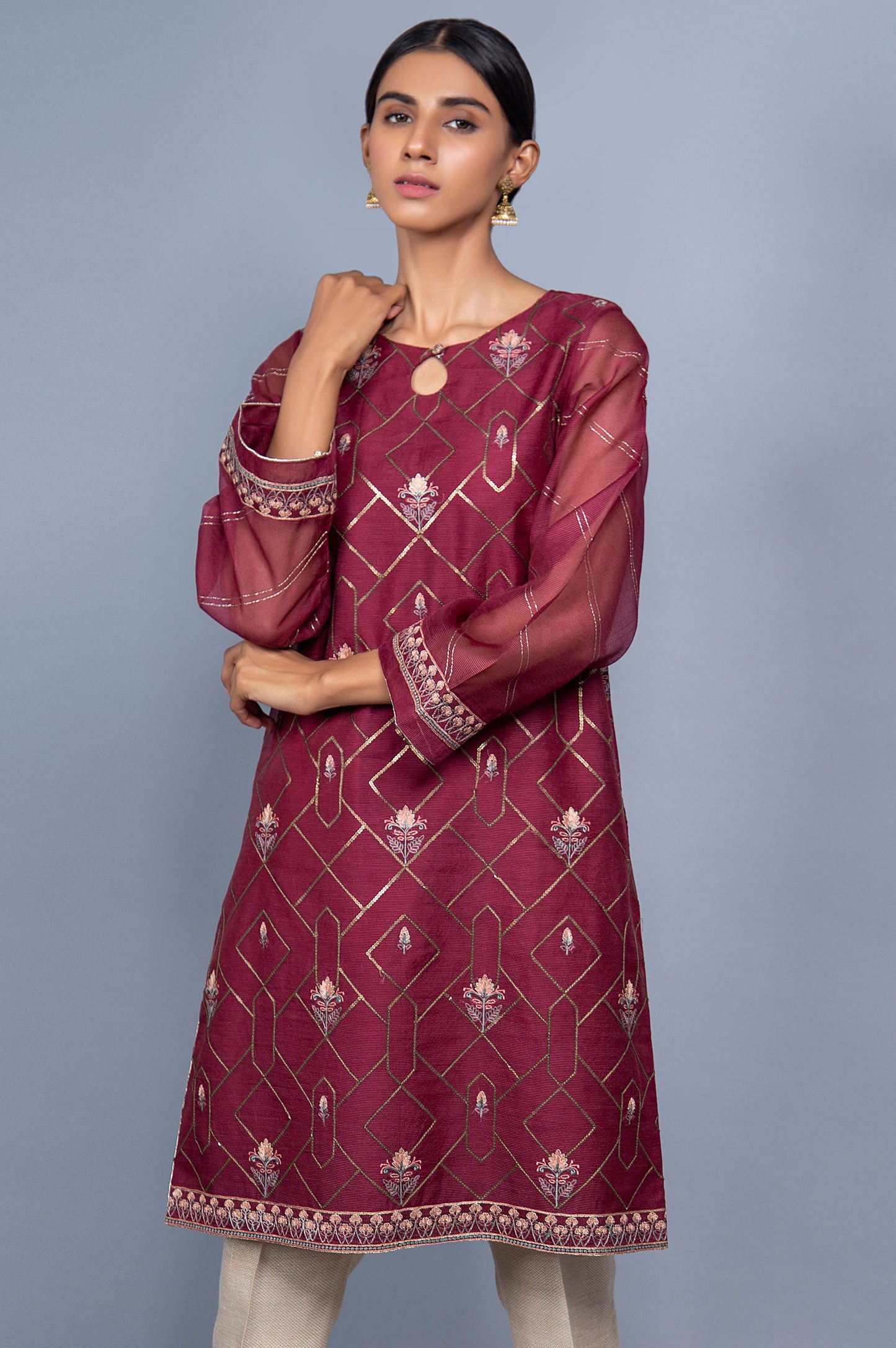 Stitched 1 Piece Organza Striped Embroidered Shirt