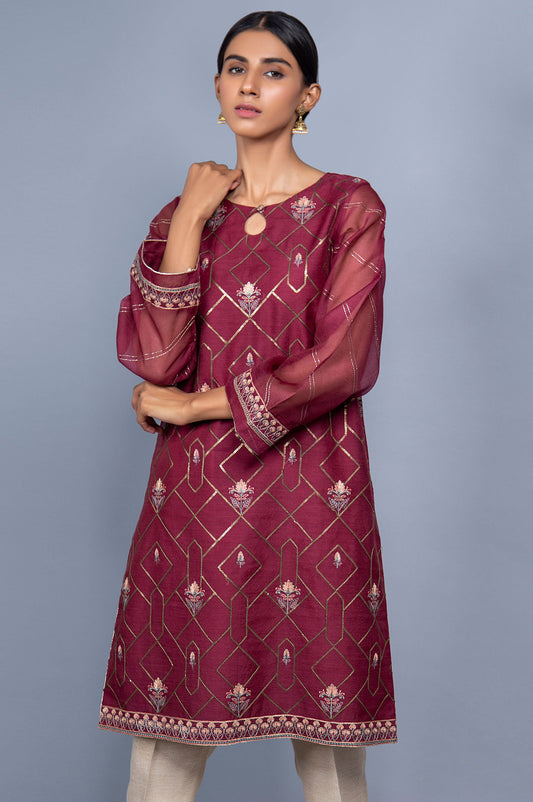 Stitched 1 Piece Organza Striped Embroidered Shirt