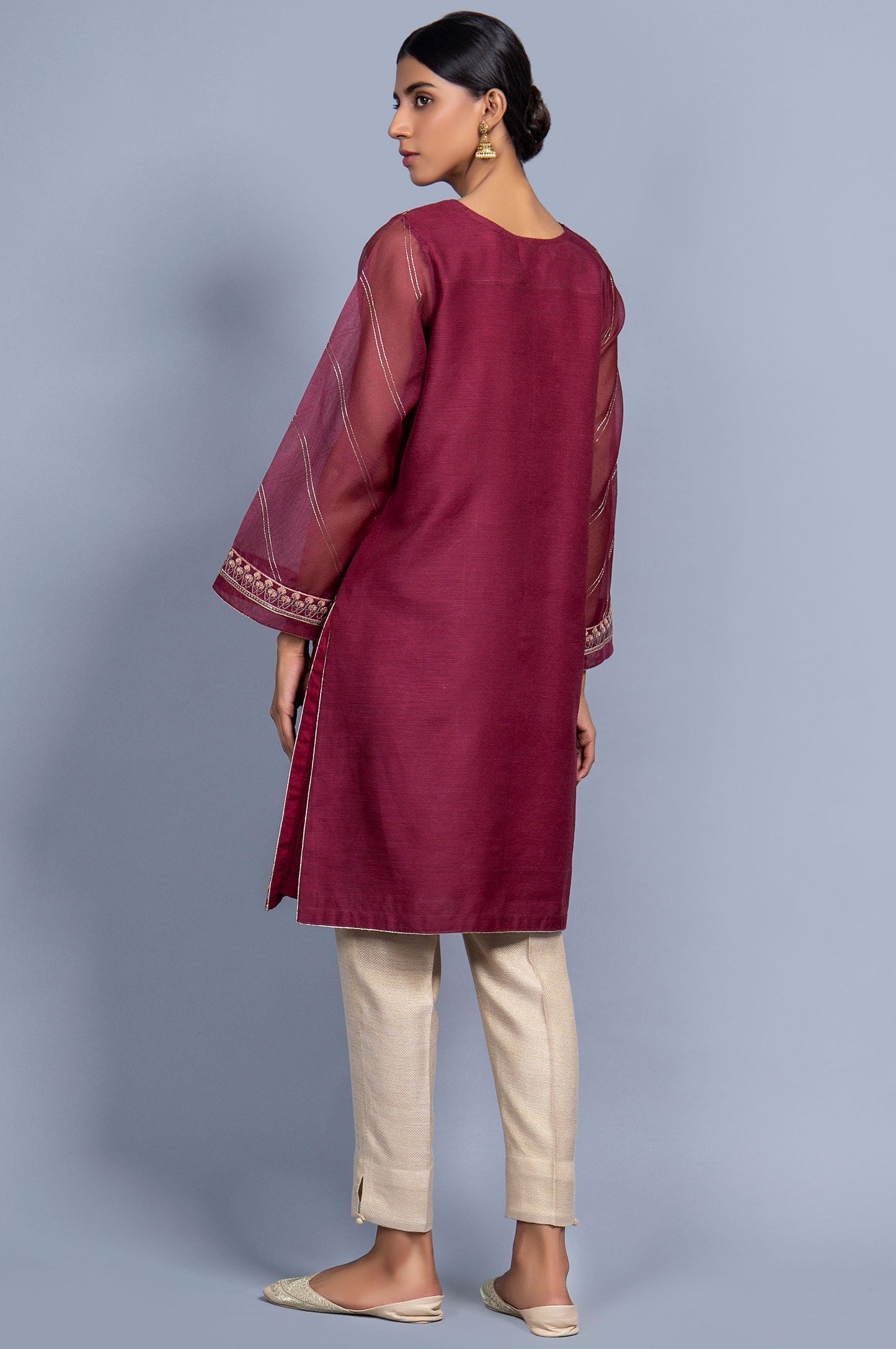 Stitched 1 Piece Organza Striped Embroidered Shirt