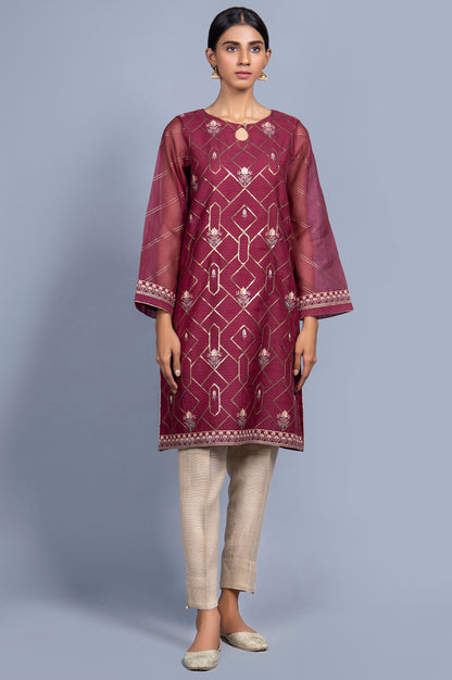 Stitched 1 Piece Organza Striped Embroidered Shirt