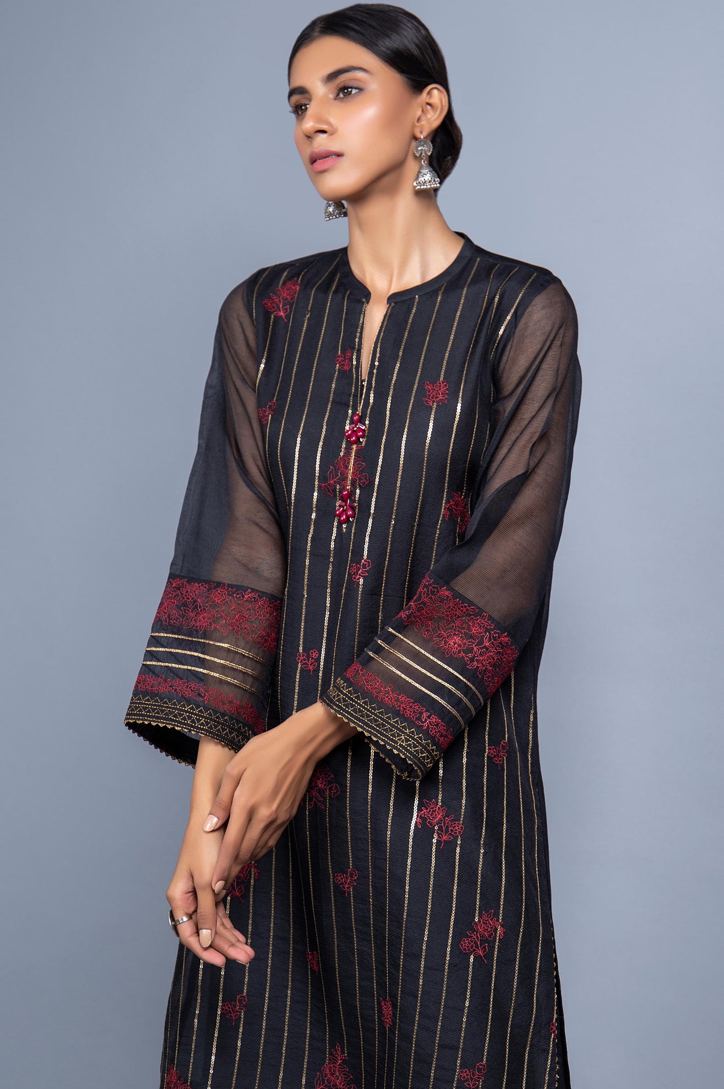 Stitched 1 Piece Organza Striped Embroidered Shirt