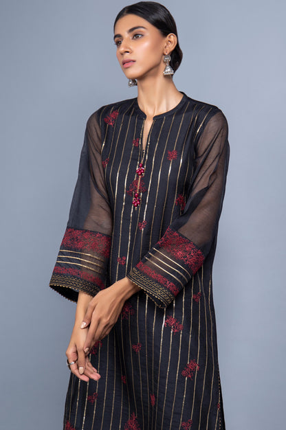 Stitched 1 Piece Organza Striped Embroidered Shirt