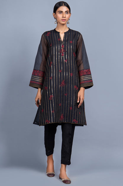 Stitched 1 Piece Organza Striped Embroidered Shirt