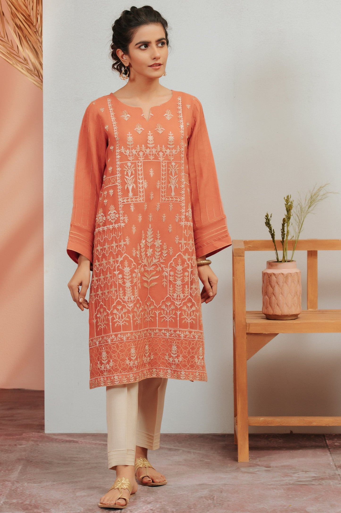 Stitched 1 Piece Organza Embroidered Shirt