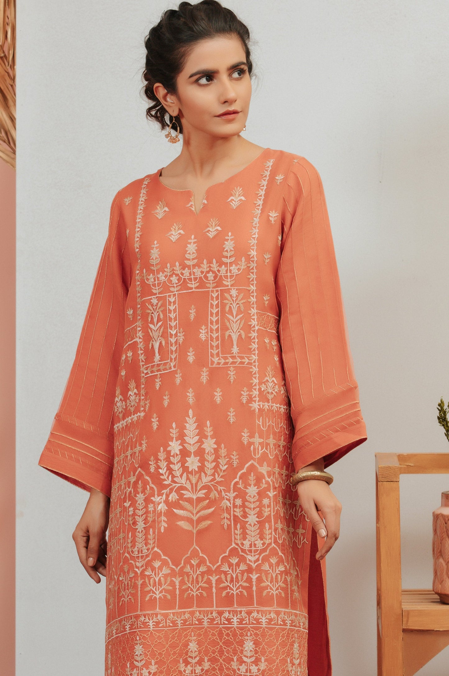 Stitched 1 Piece Organza Embroidered Shirt