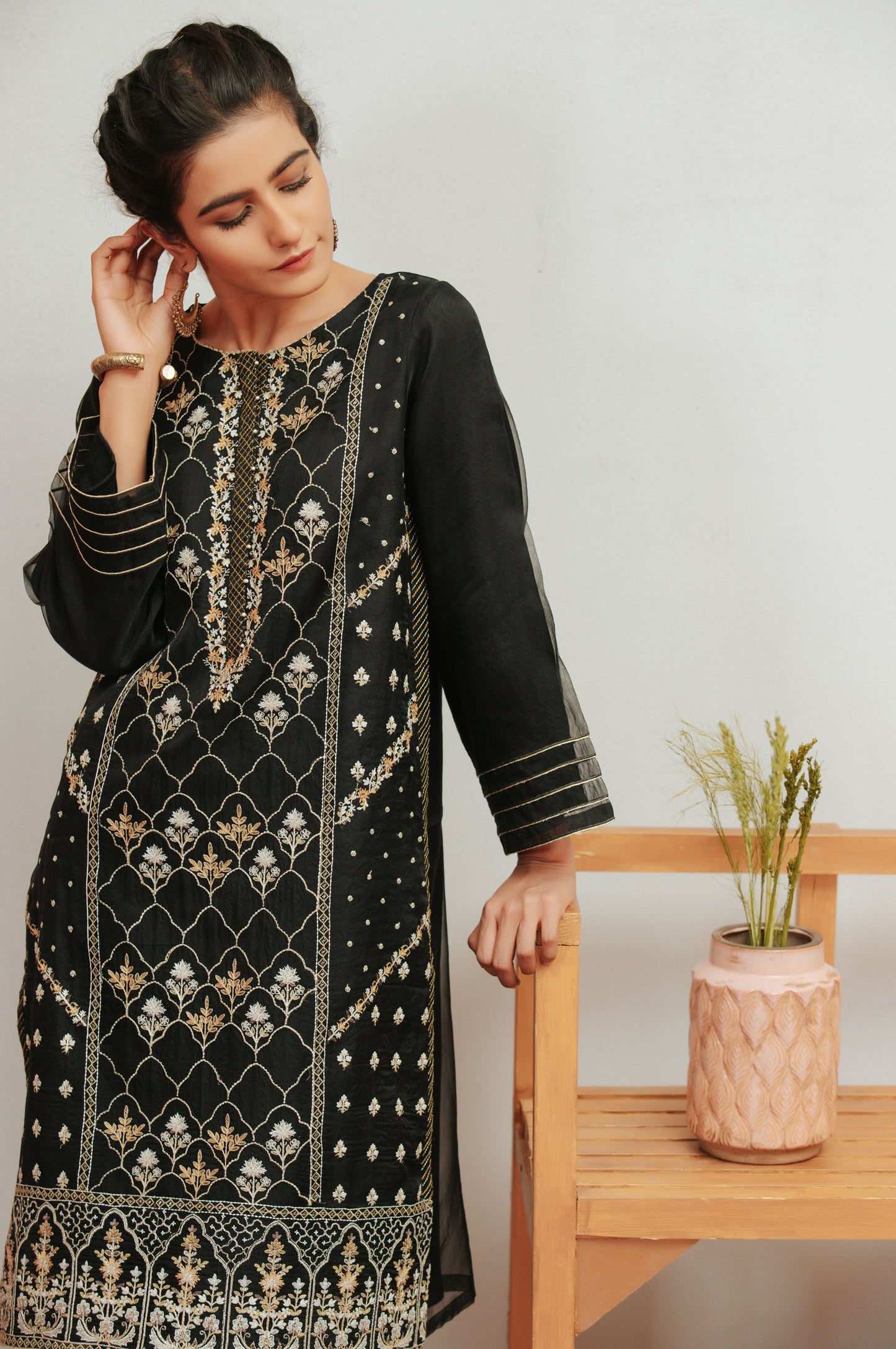 Stitched 1 Piece Organza Embroidered Shirt