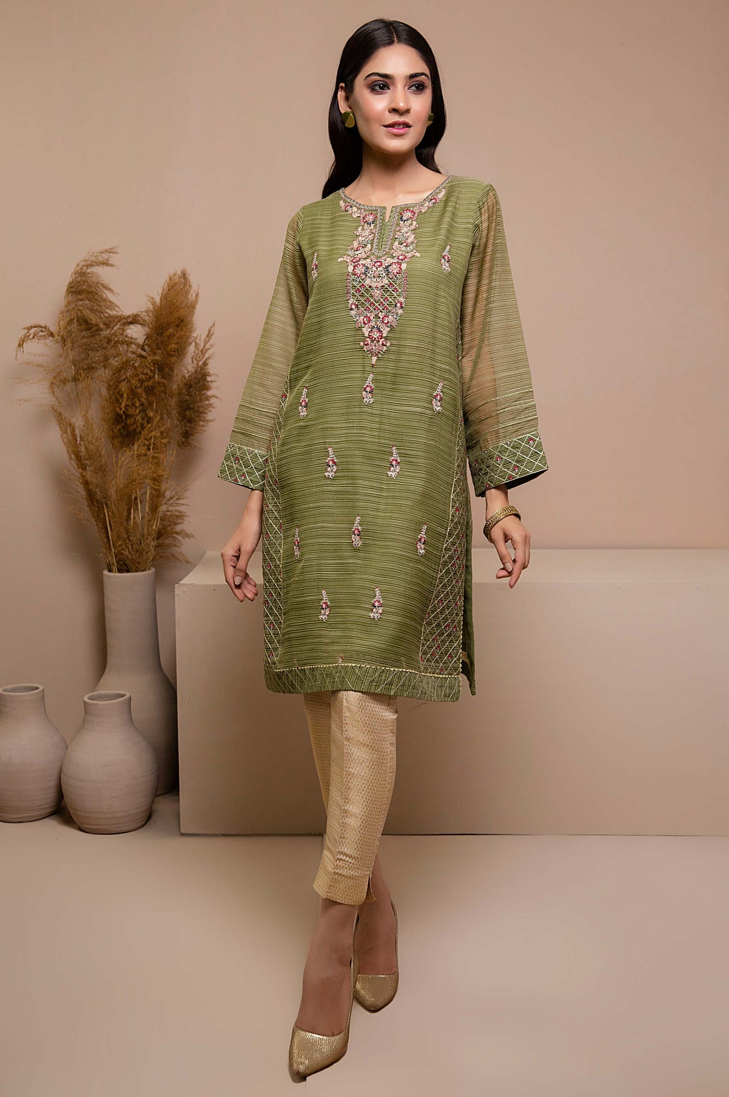 Stitched 1 Piece Organza Embroidered Shirt