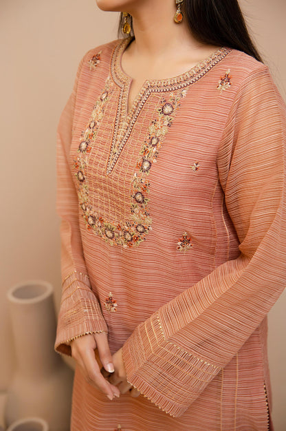 Stitched 1 Piece Slub Organza Embroidered Shirt