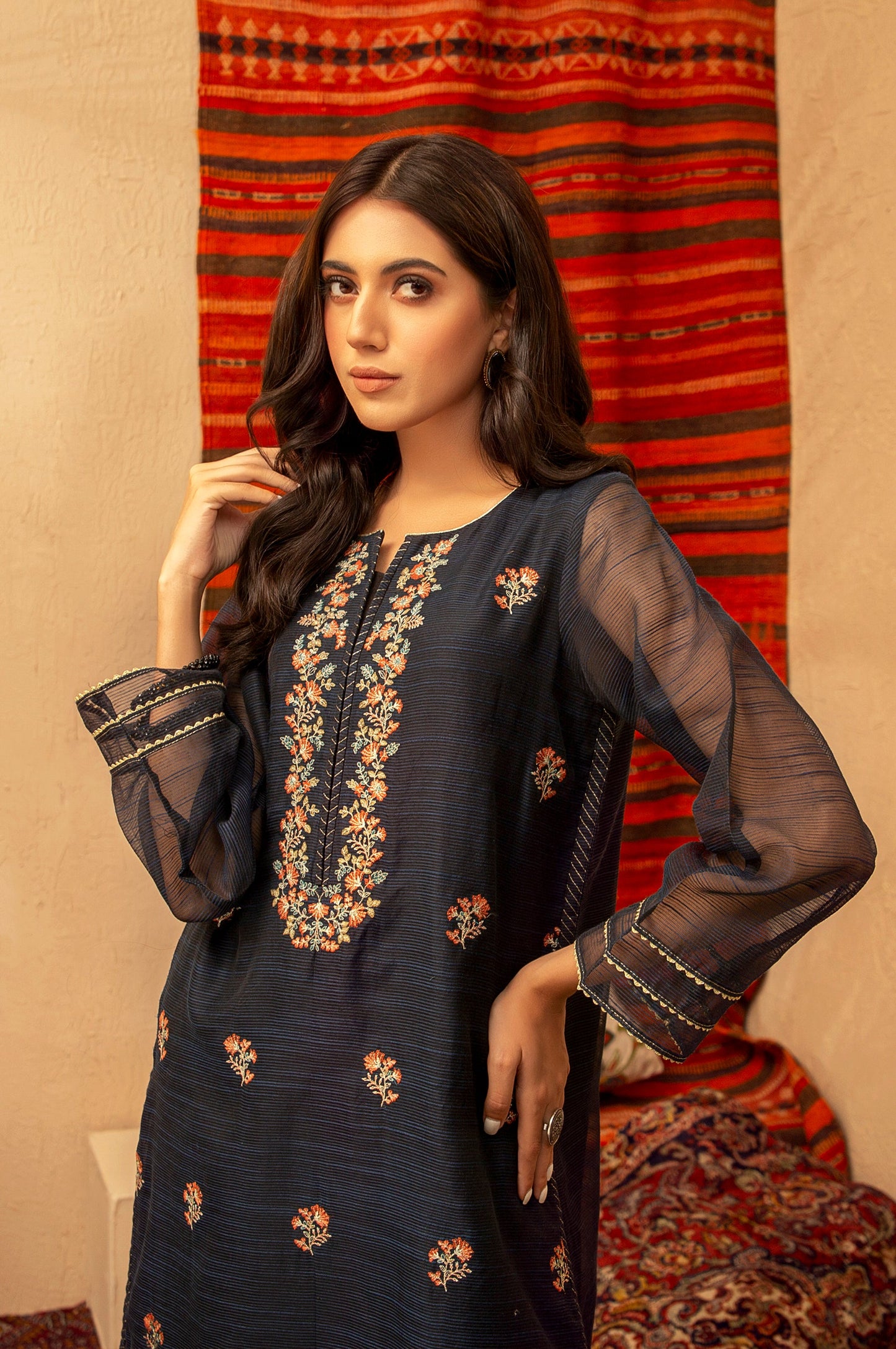 Stitched 1 Piece Organza Embroidered Shirt