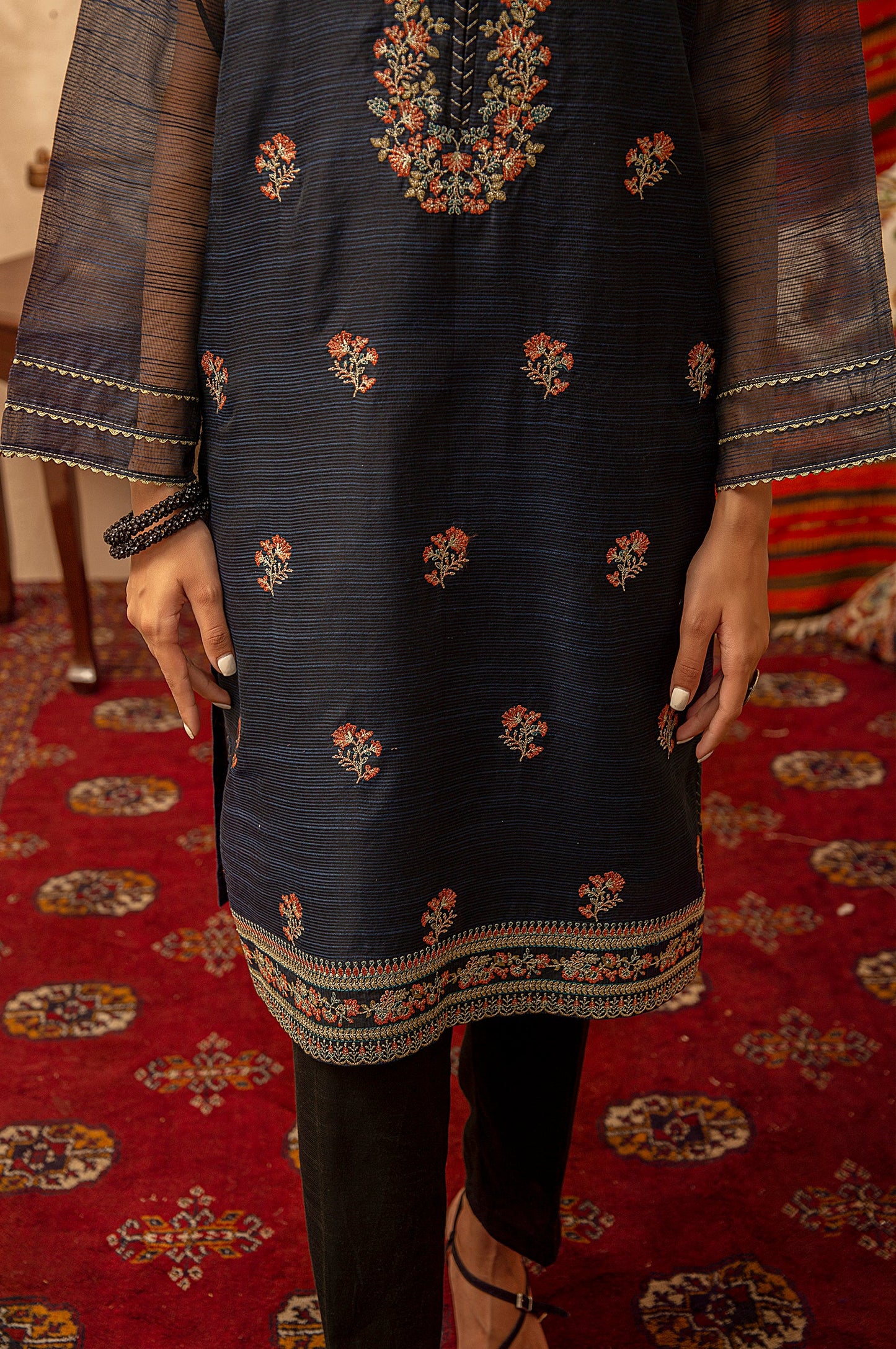 Stitched 1 Piece Organza Embroidered Shirt