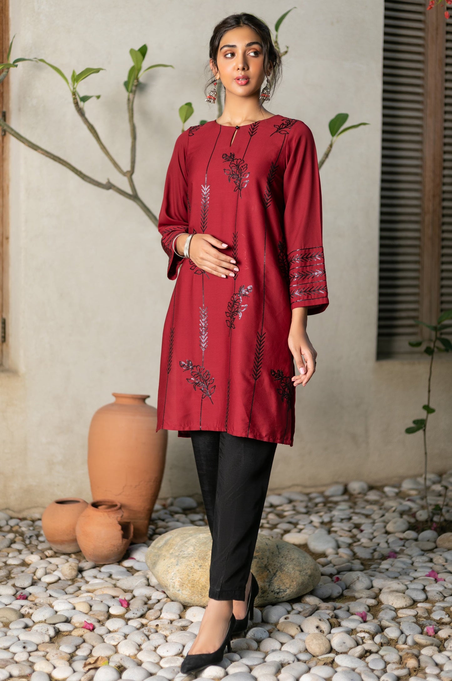 Stitched 1 Piece Crepe Dyed Embroidered Shirt