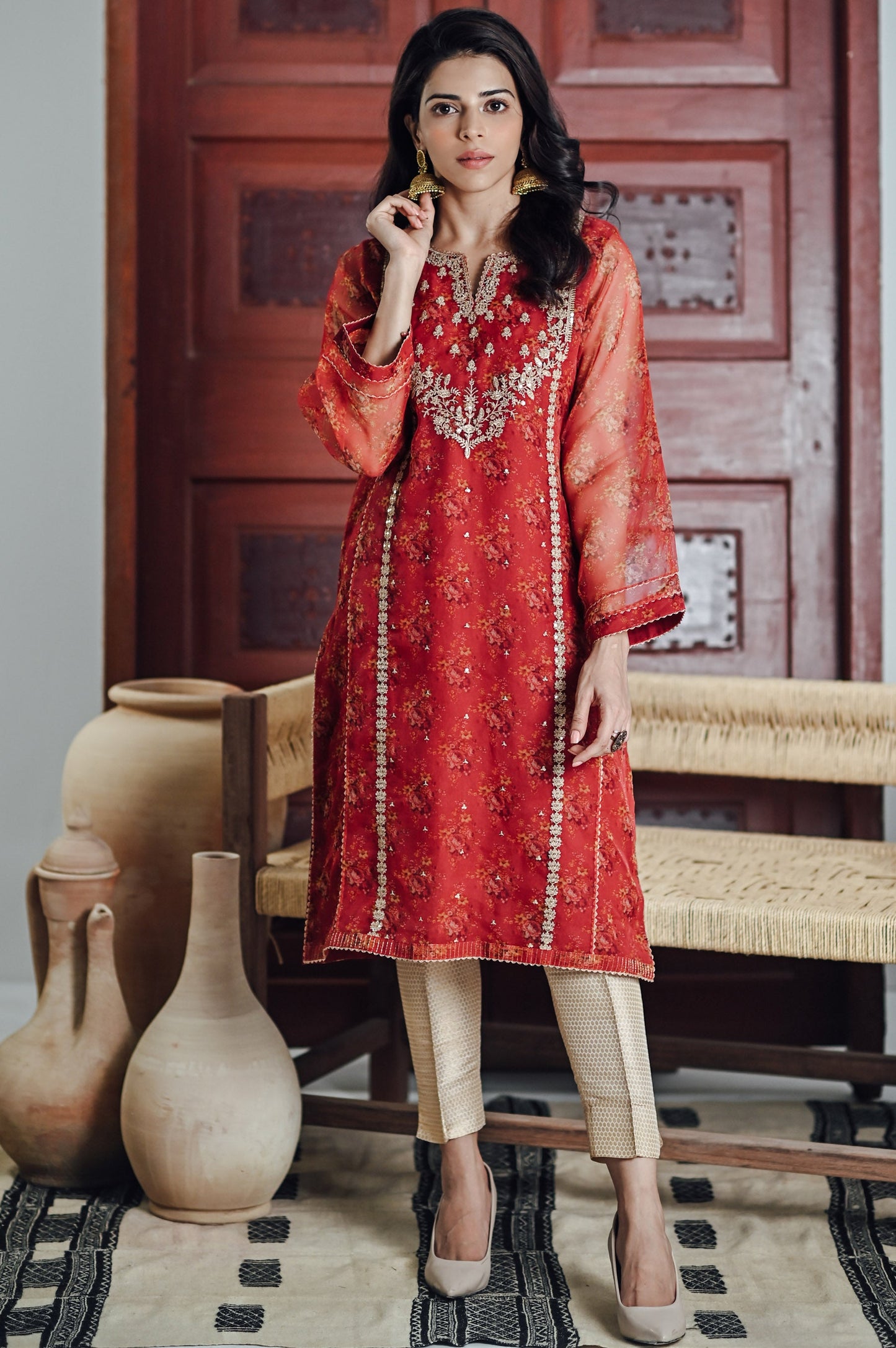 Stitched 1 Piece Organza Embroidered Shirt