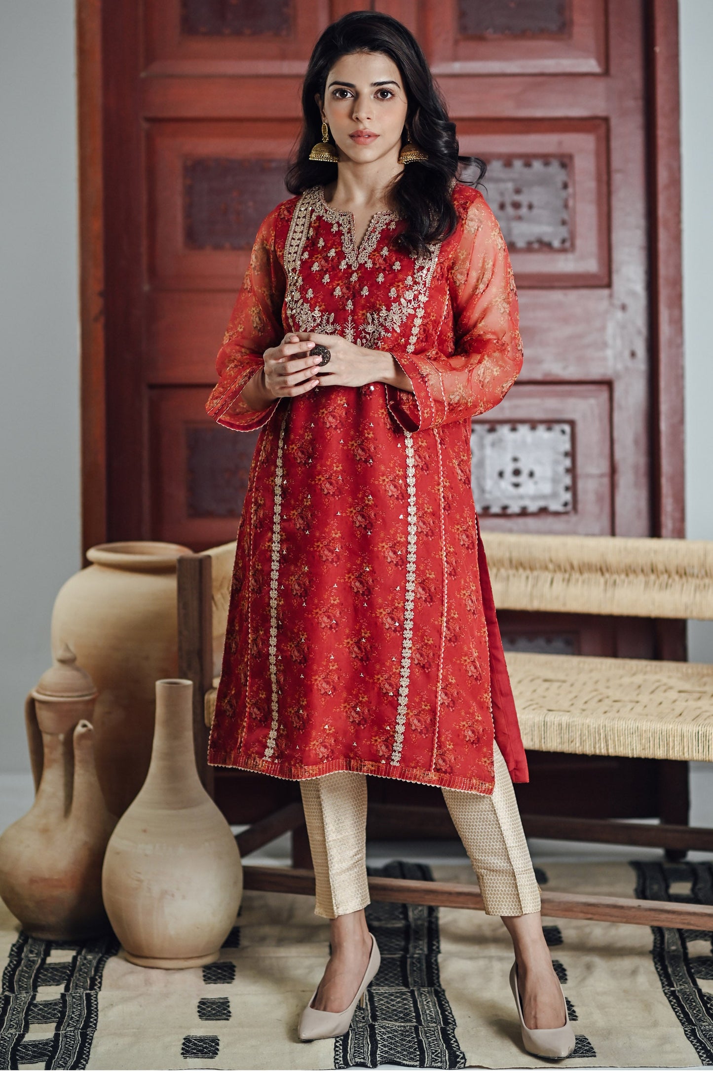 Stitched 1 Piece Organza Embroidered Shirt