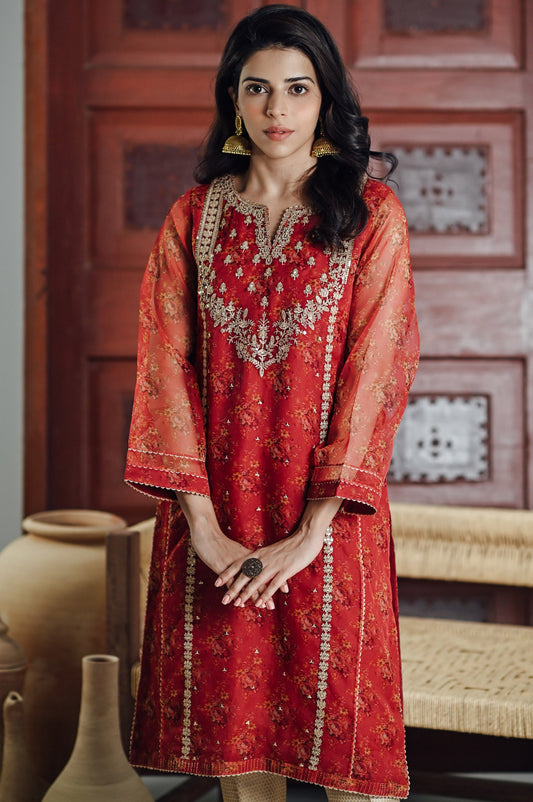 Stitched 1 Piece Organza Embroidered Shirt