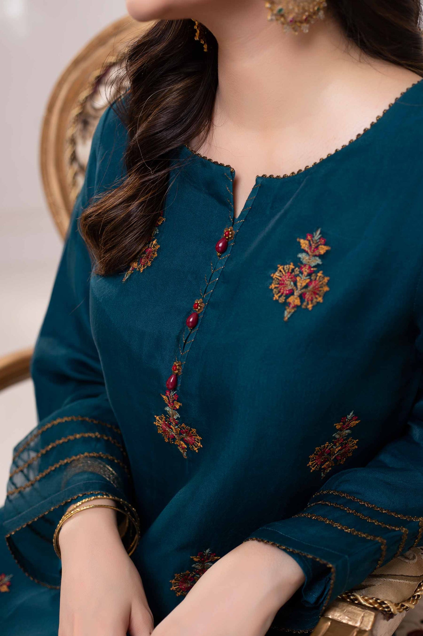 Stitched 1 Piece Embroidered Organza Shirt