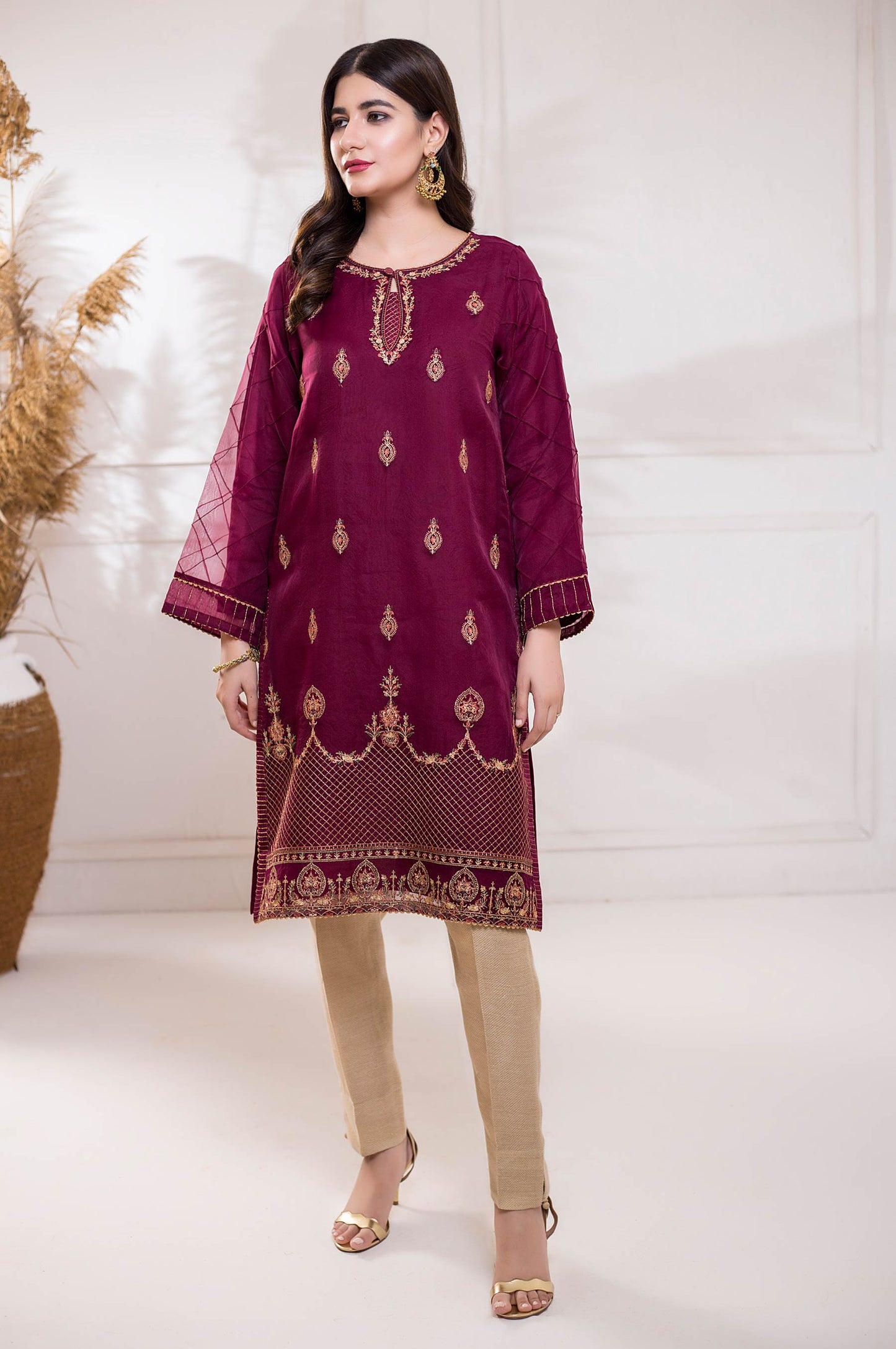 Stitched 1 Piece Embroidered Organza Shirt