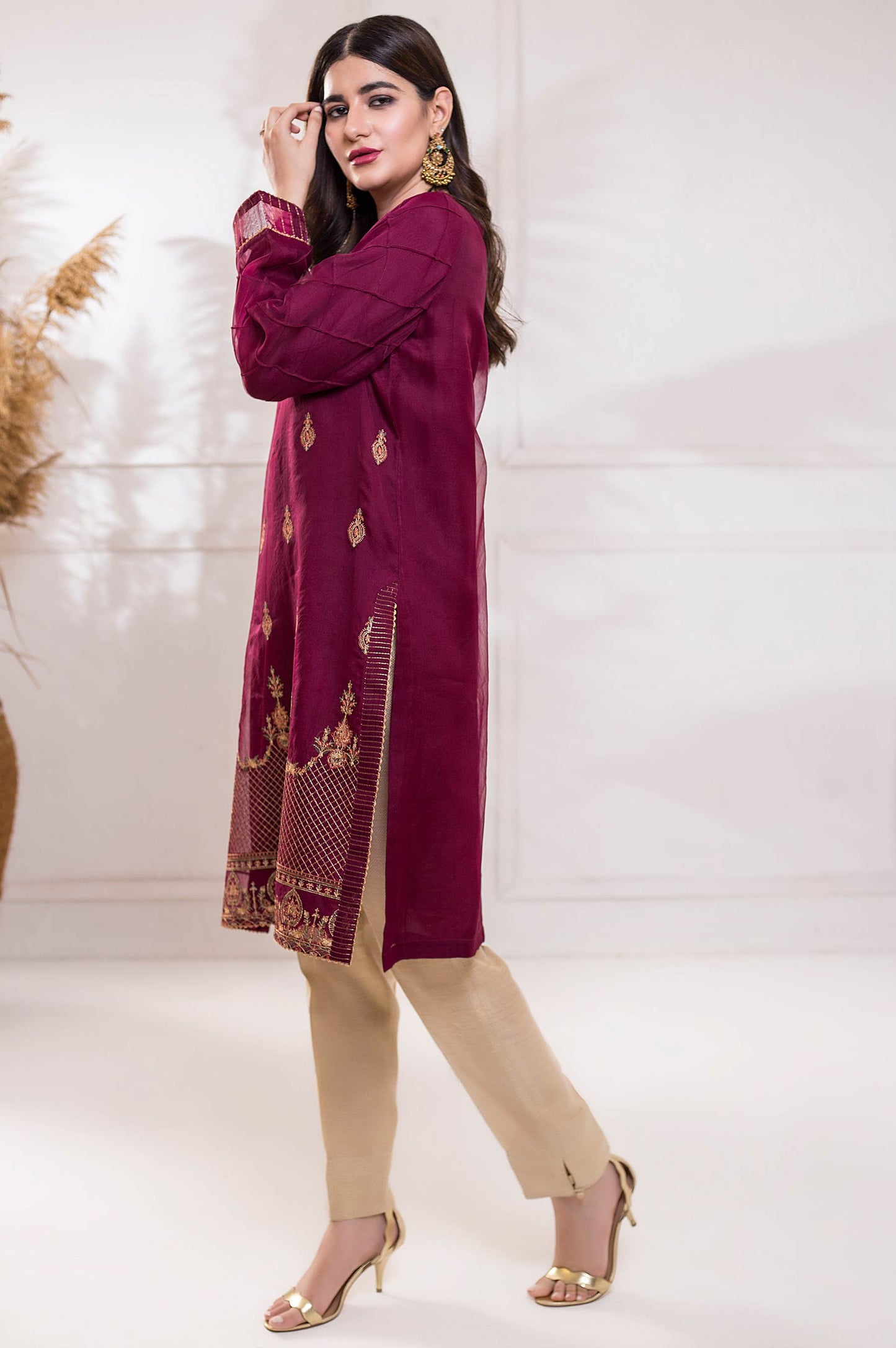 Stitched 1 Piece Embroidered Organza Shirt