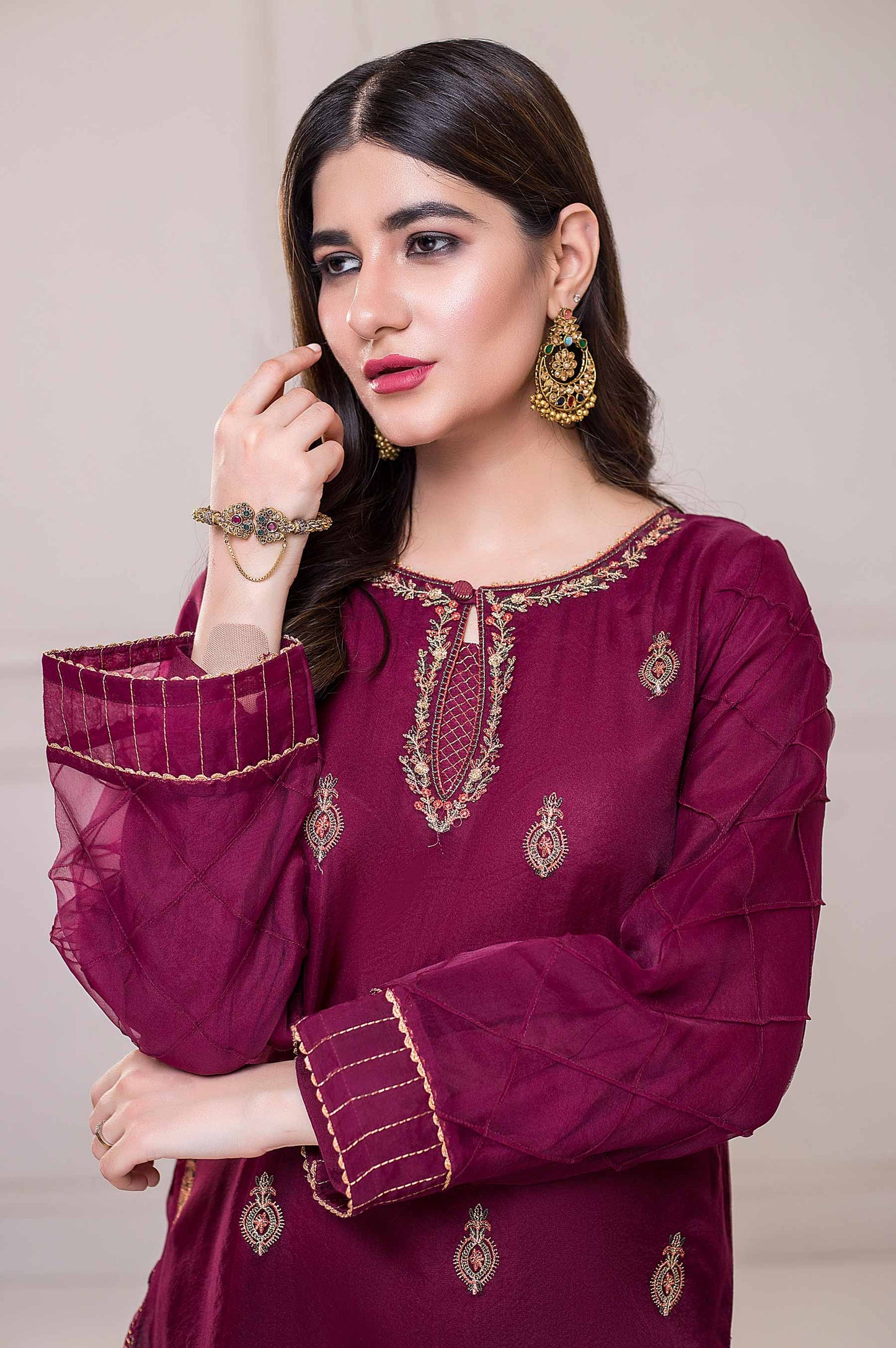 Stitched 1 Piece Embroidered Organza Shirt