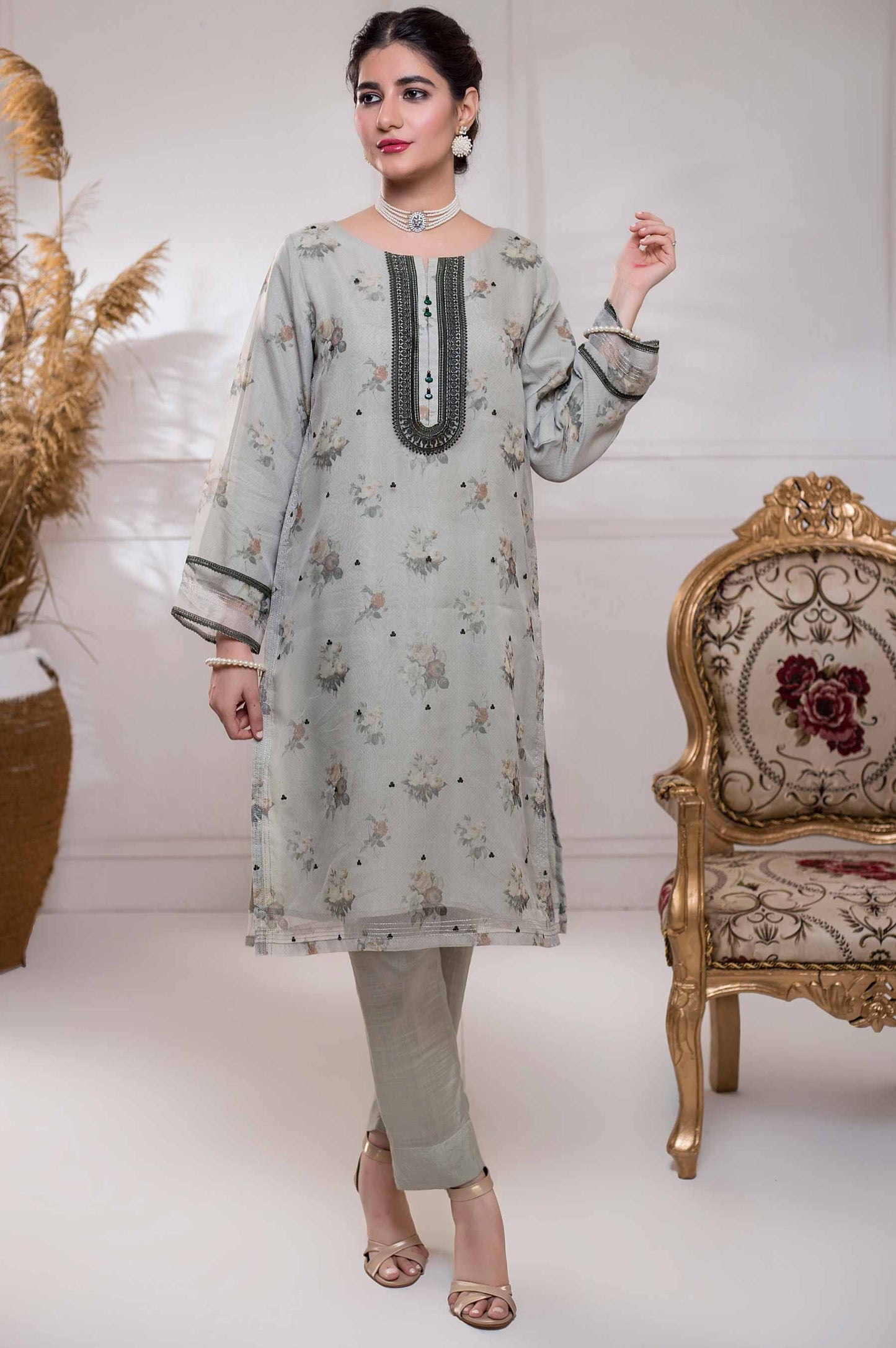 Stitched 1 Piece Organza Embroidered Shirt