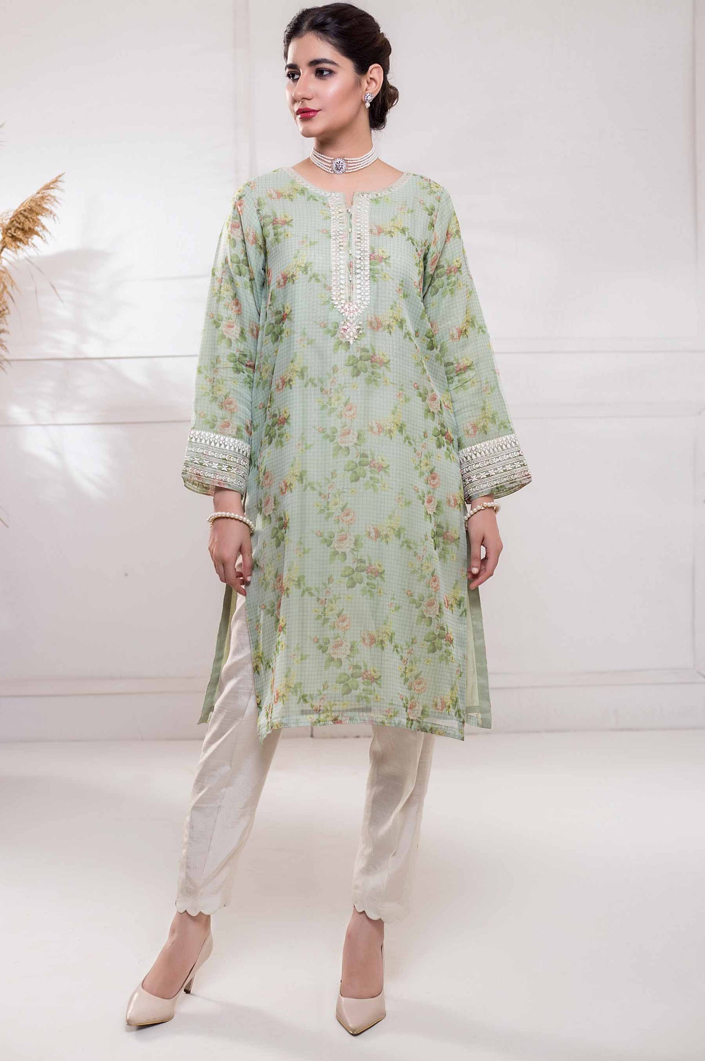 Stitched 1 Piece Organza Embroidered Shirt
