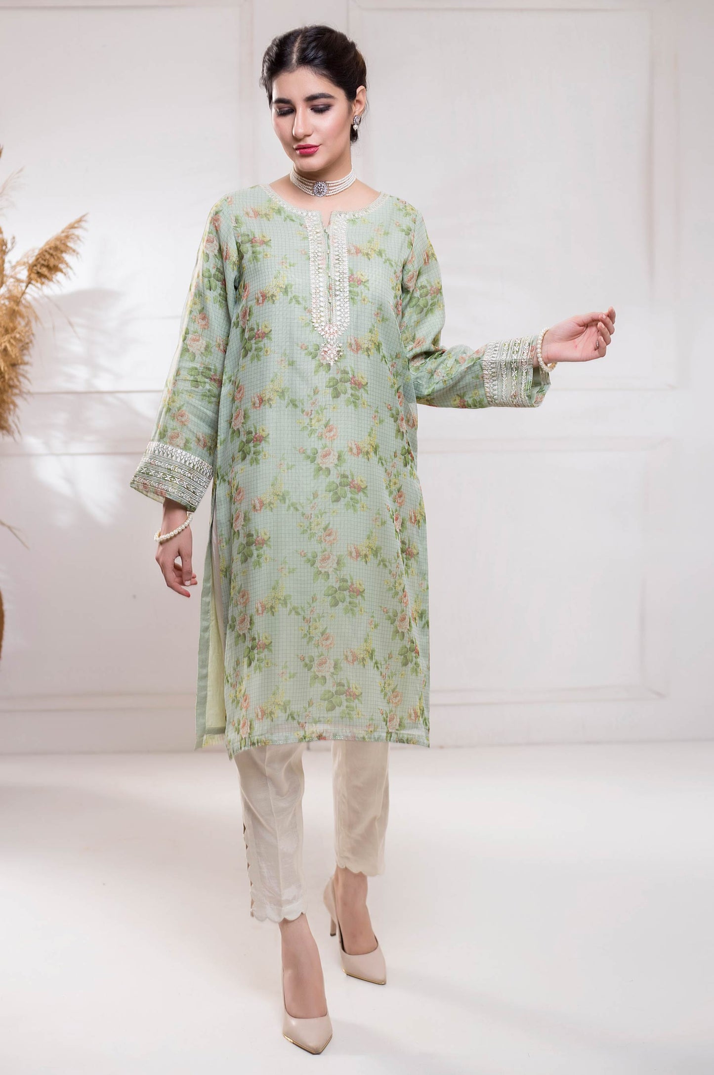 Stitched 1 Piece Organza Embroidered Shirt