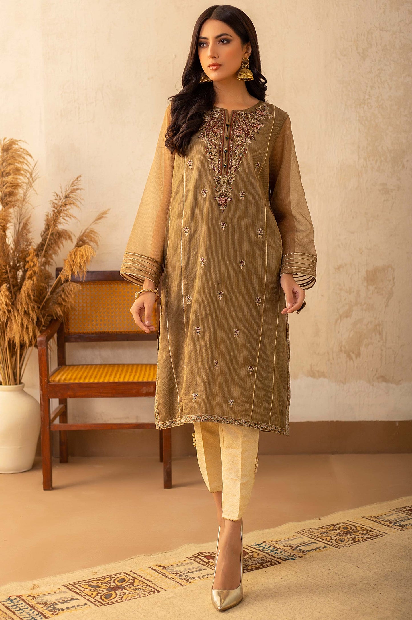 Stitched 1 Piece Zari Organza Embroidered Shirt