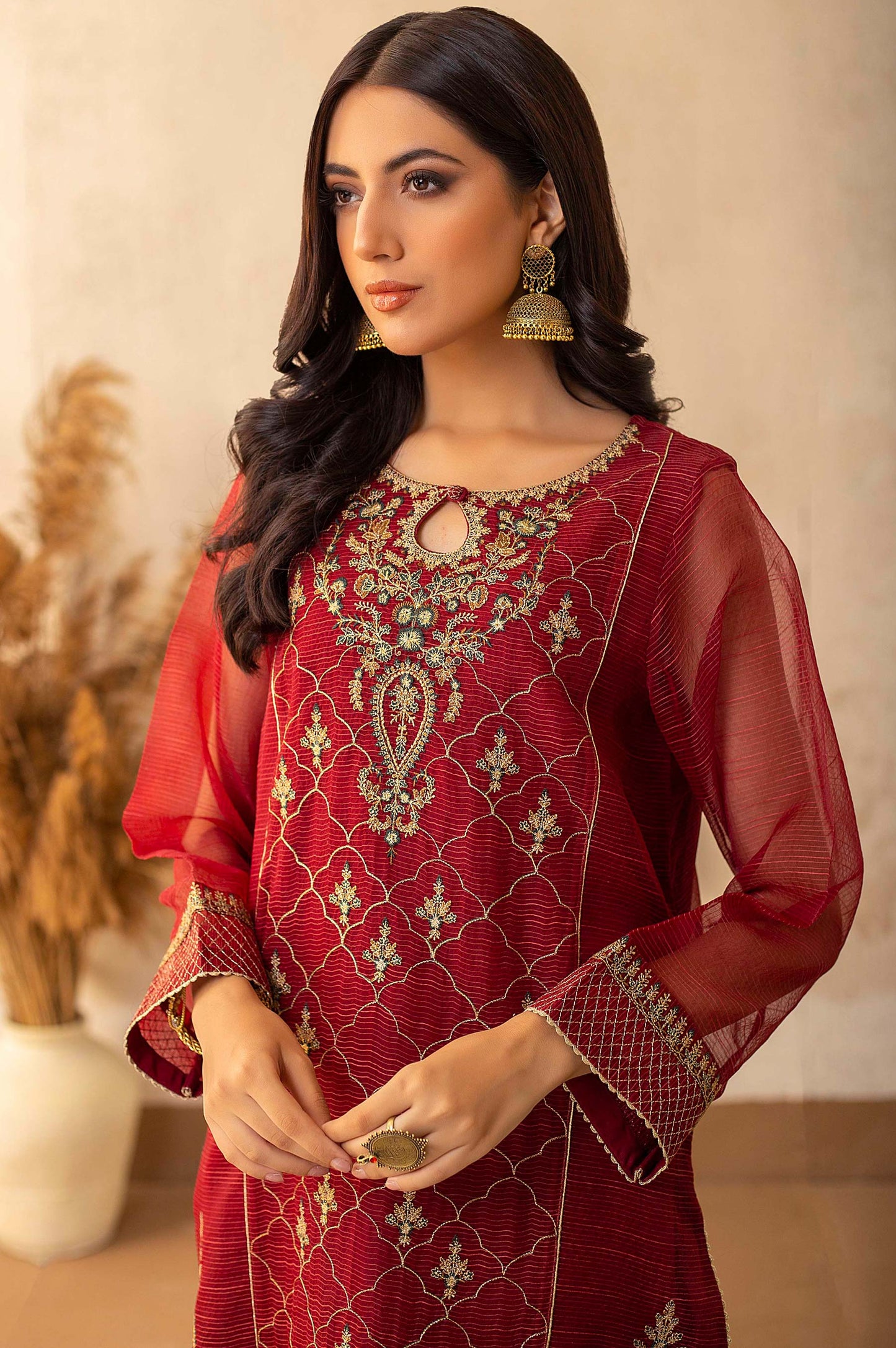 Stitched 1 Piece Textured Organza Embroidered Shirt