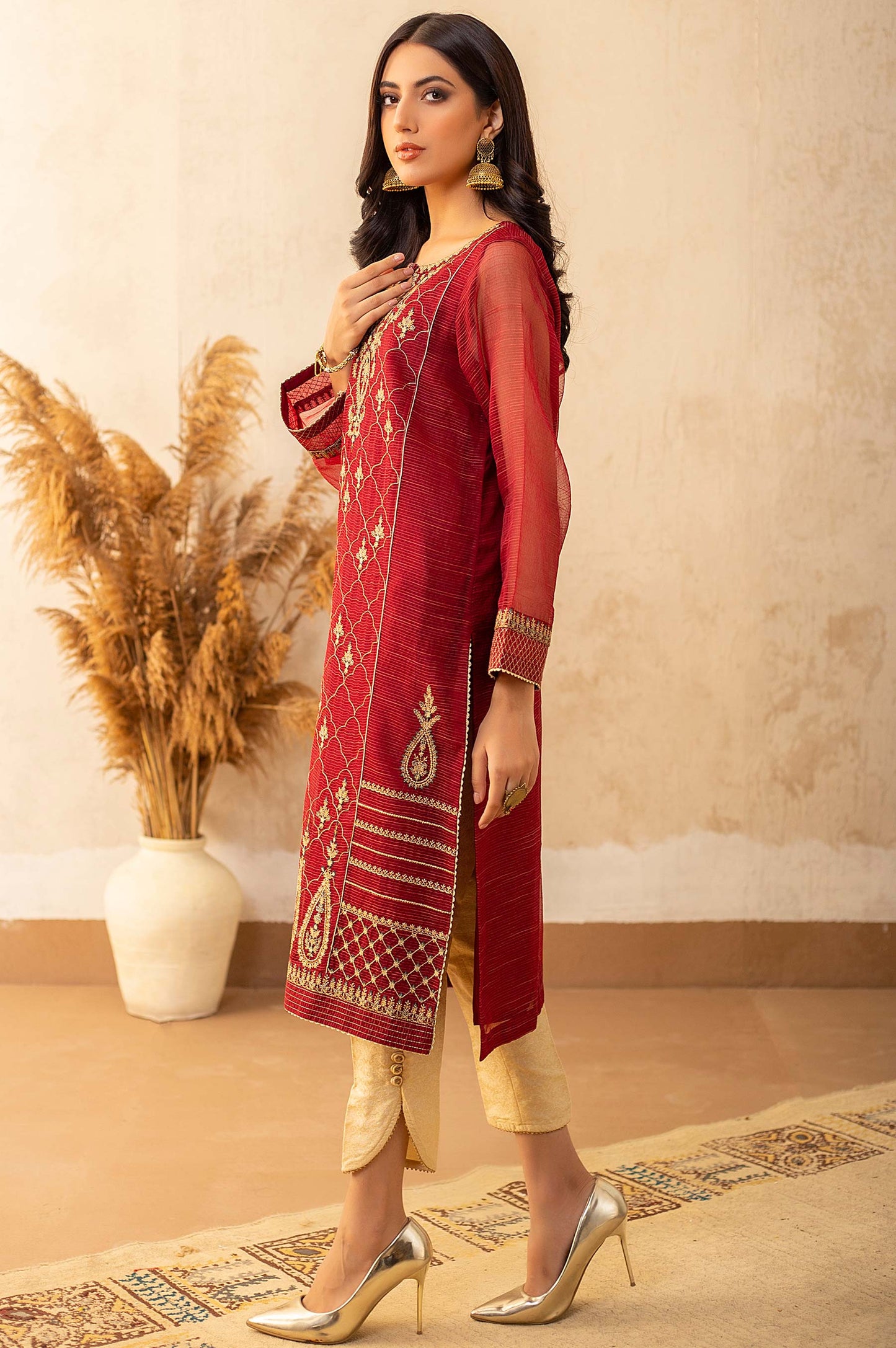 Stitched 1 Piece Textured Organza Embroidered Shirt