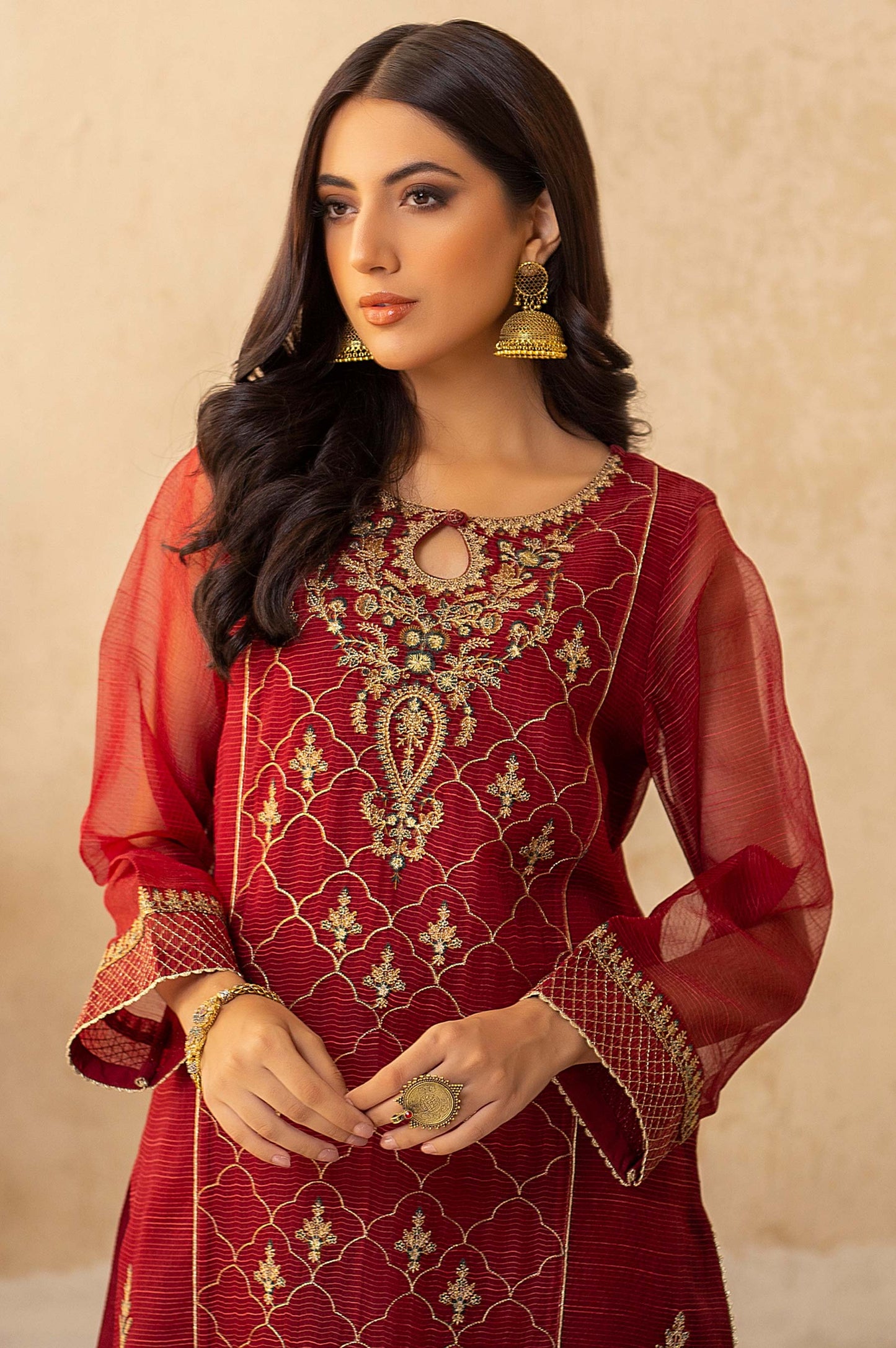 Stitched 1 Piece Textured Organza Embroidered Shirt