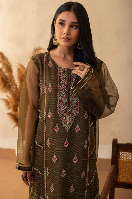 Stitched 1 Piece Textured Organza Embroidered Shirt