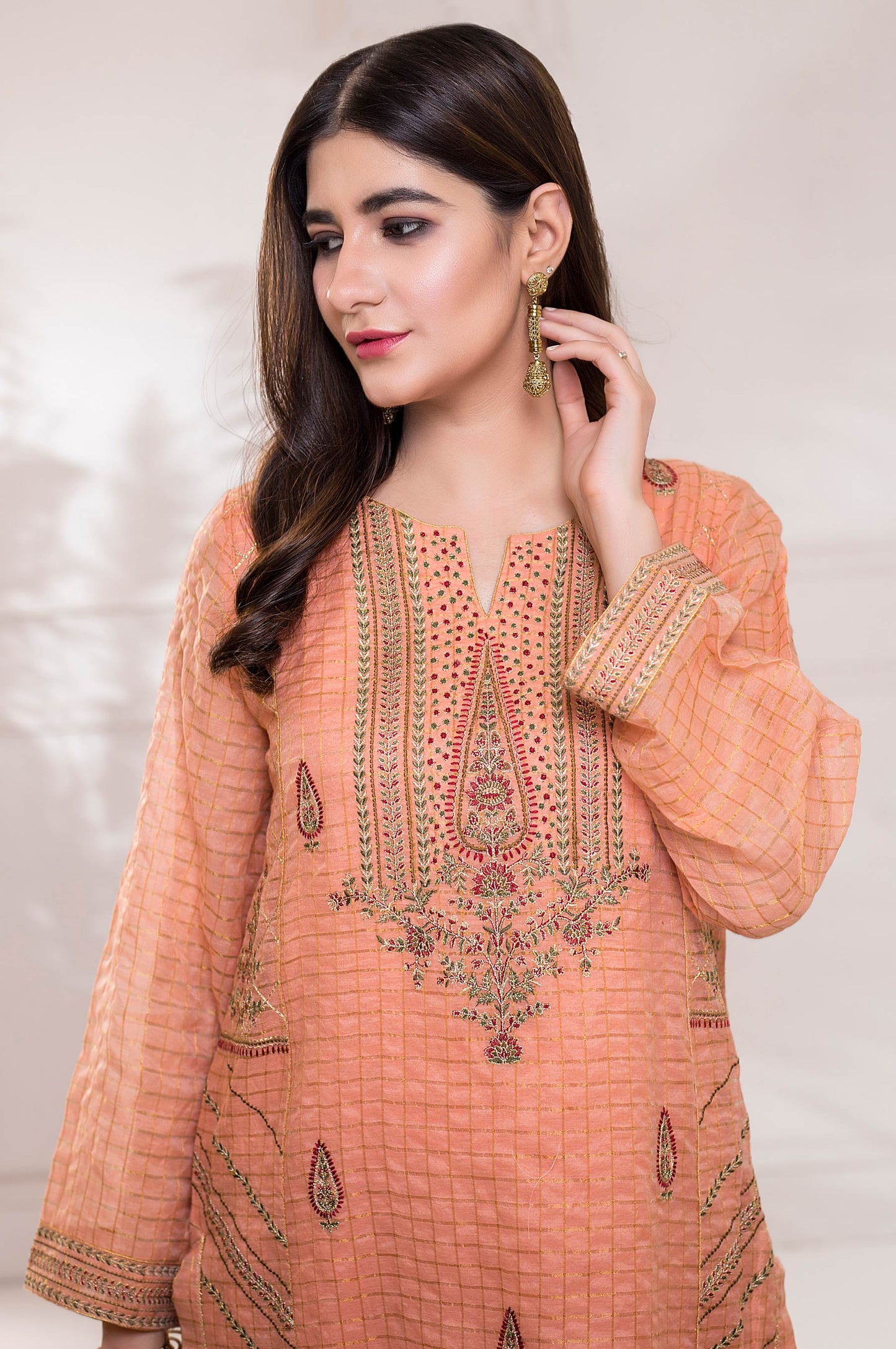 Stitched 1 Piece Zari Check Embroidered Shirt