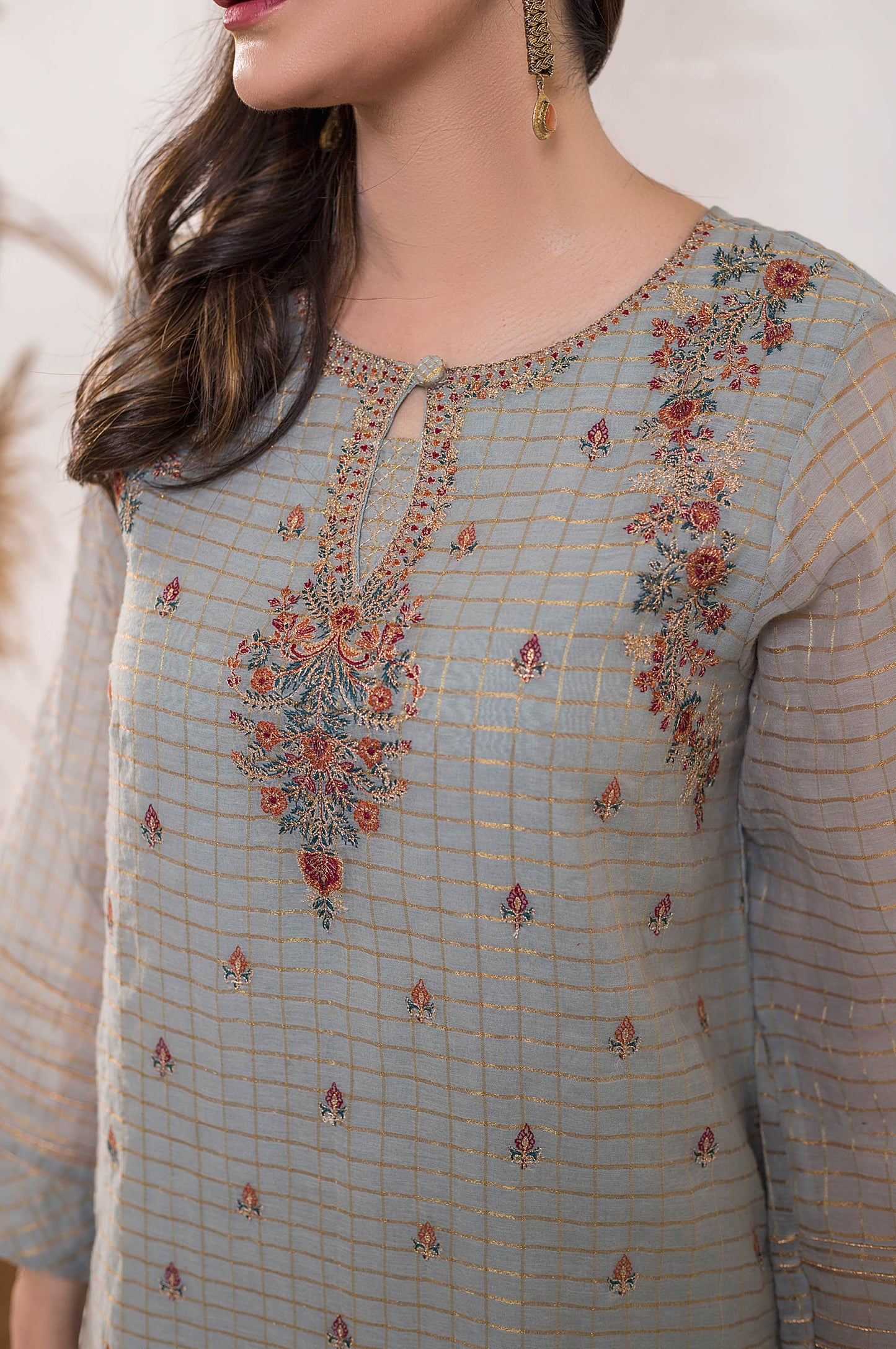 Stitched 1 Piece Zari Check Embroidered Shirt