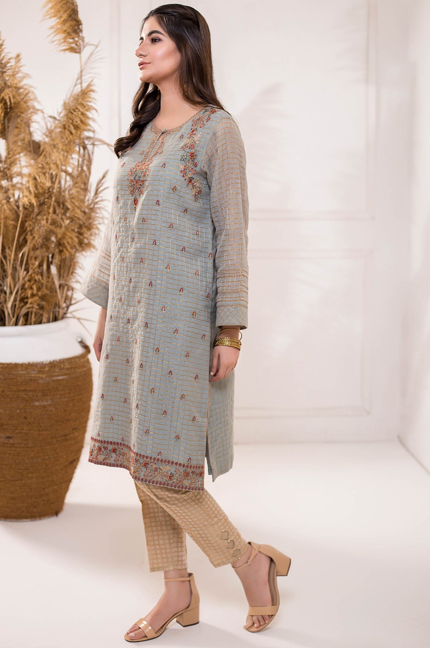 Stitched 1 Piece Zari Check Embroidered Shirt
