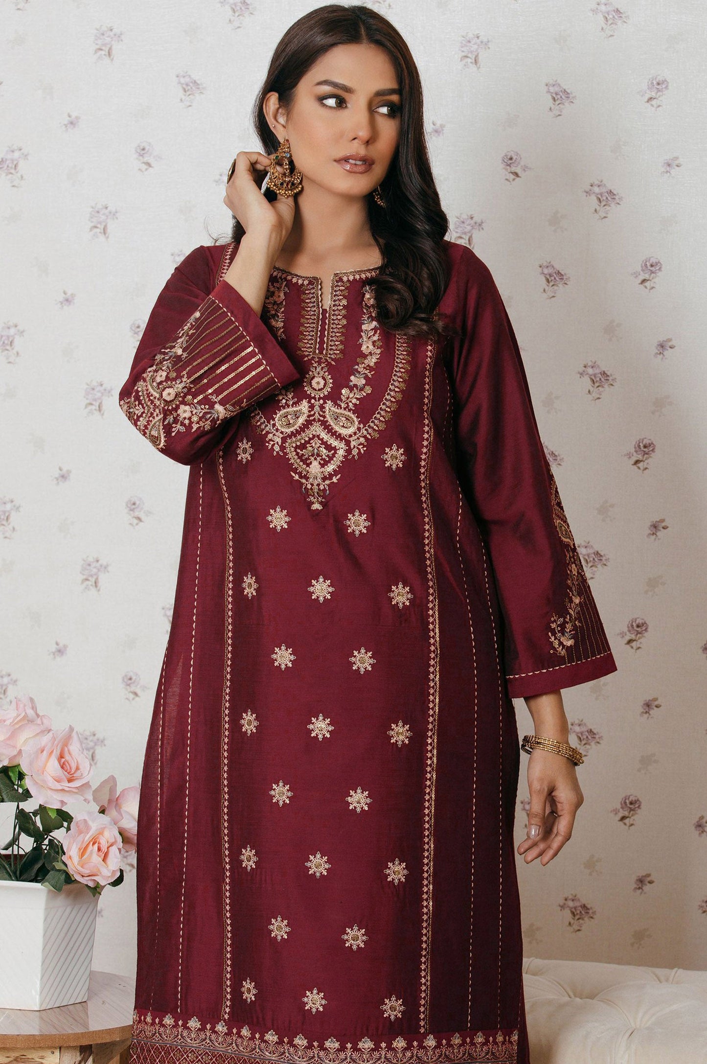 Stitched 1 Piece Cotton Silk Embroidered Shirt