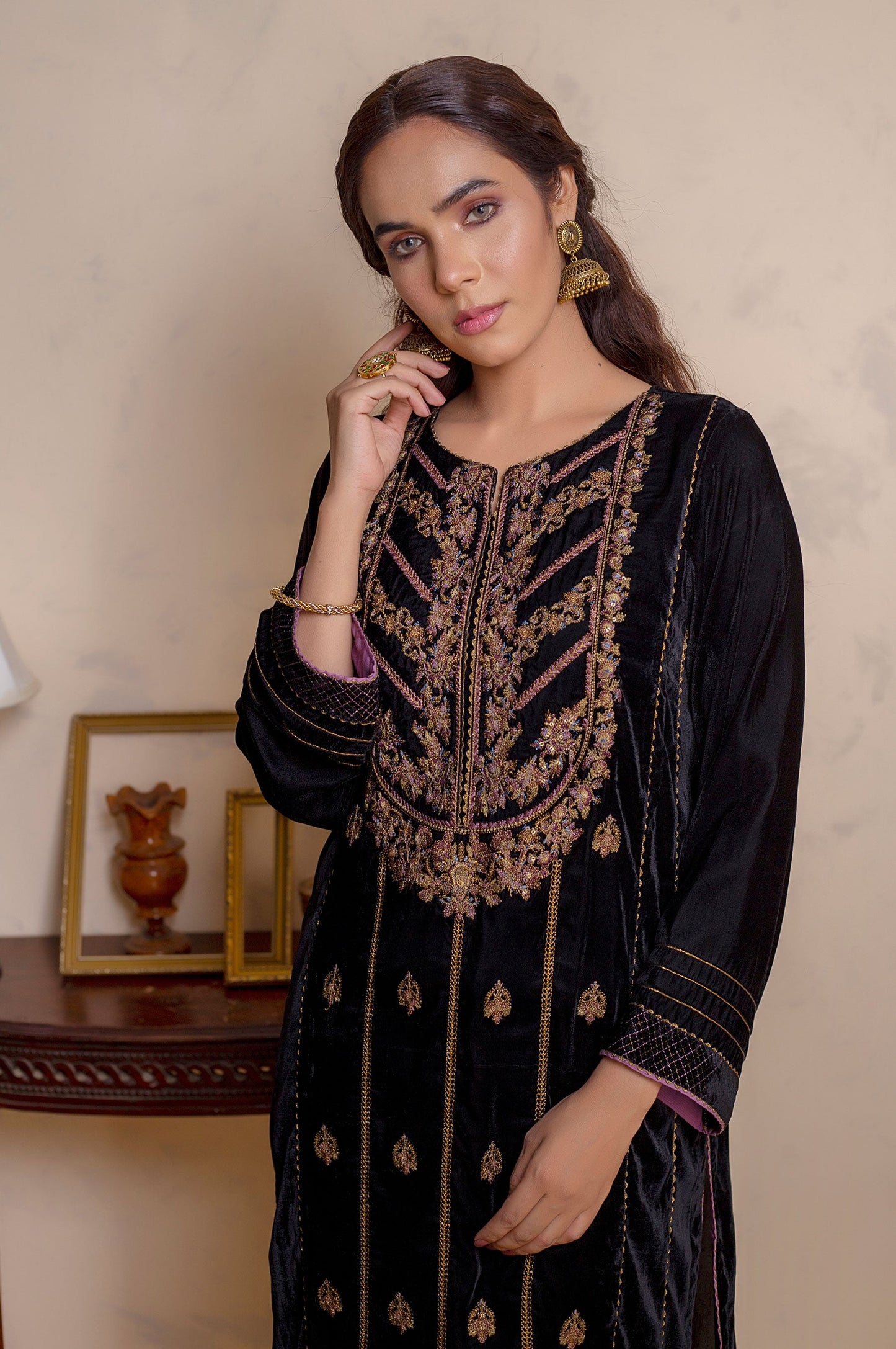 Stitched 1 Piece Velvet Embroidered Shirt