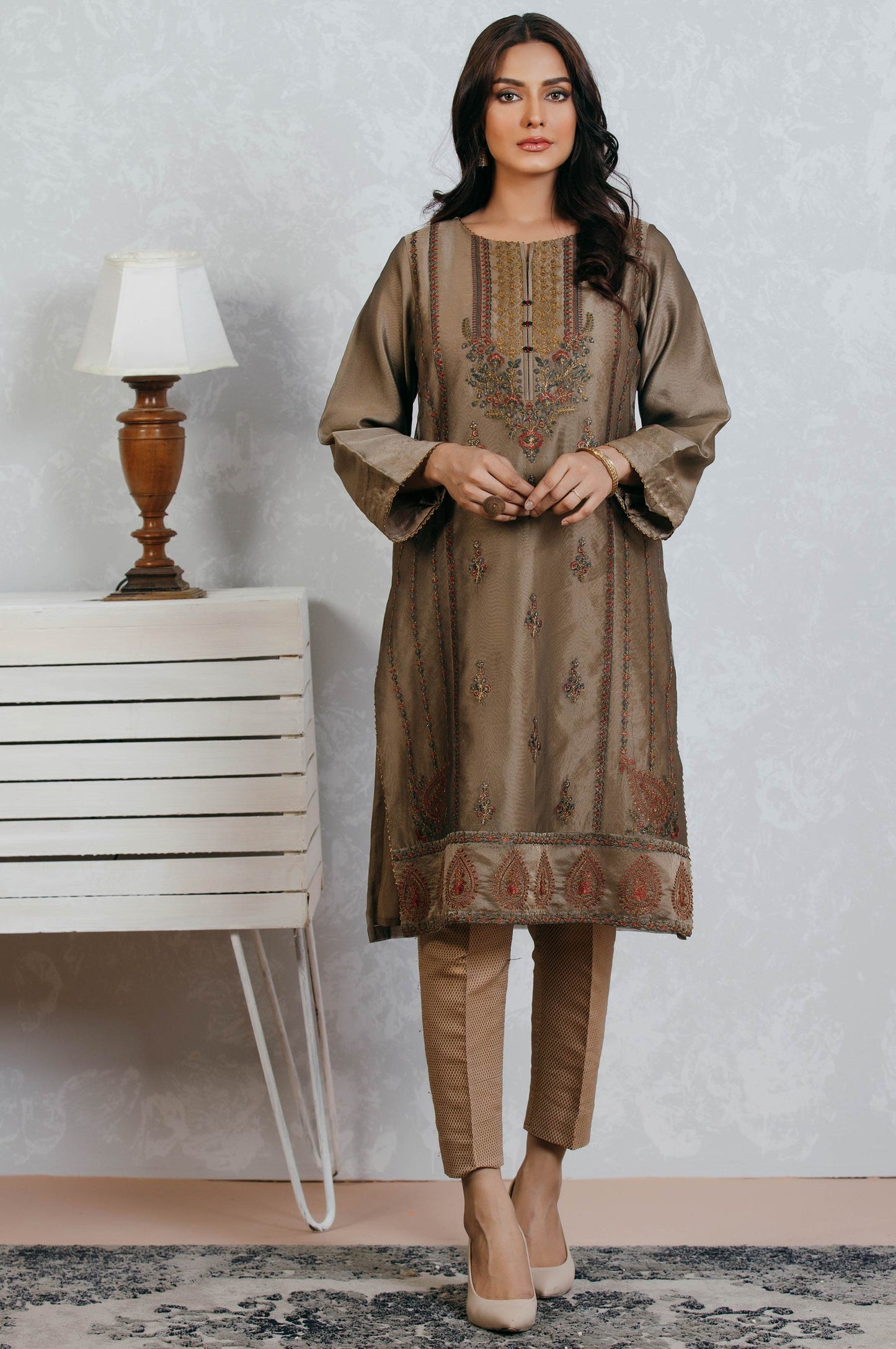 Stitched 1 Piece Organza Embroidered Shirt