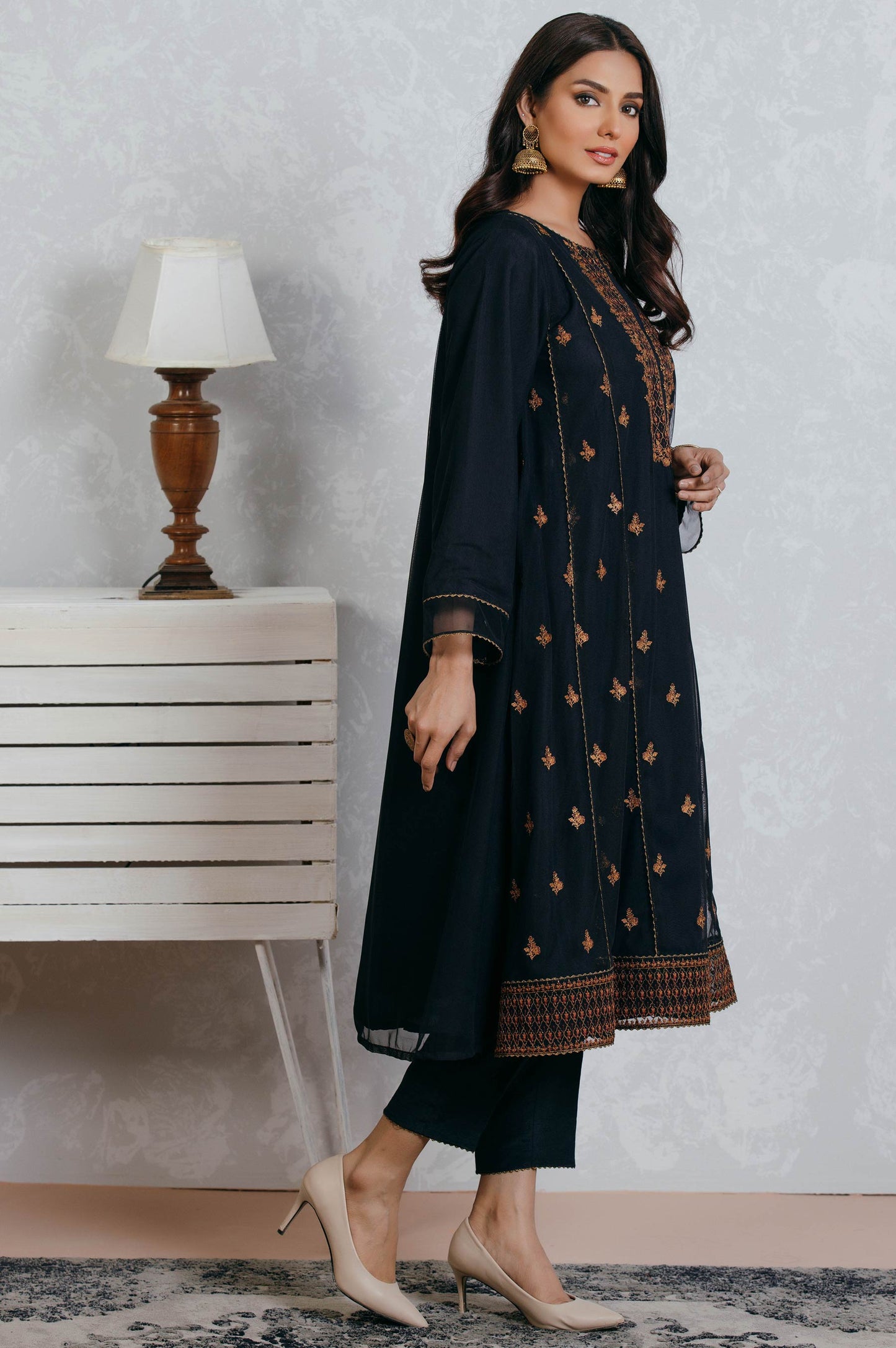 Stitched 1 Piece Poly net Embroidered Suit