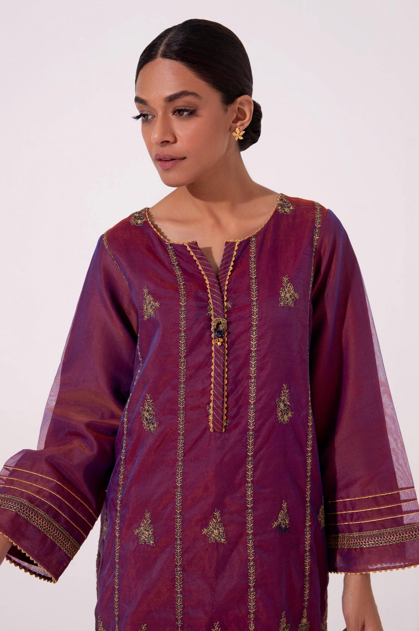 Stitched 1 Piece Embroidered Organza Shirt