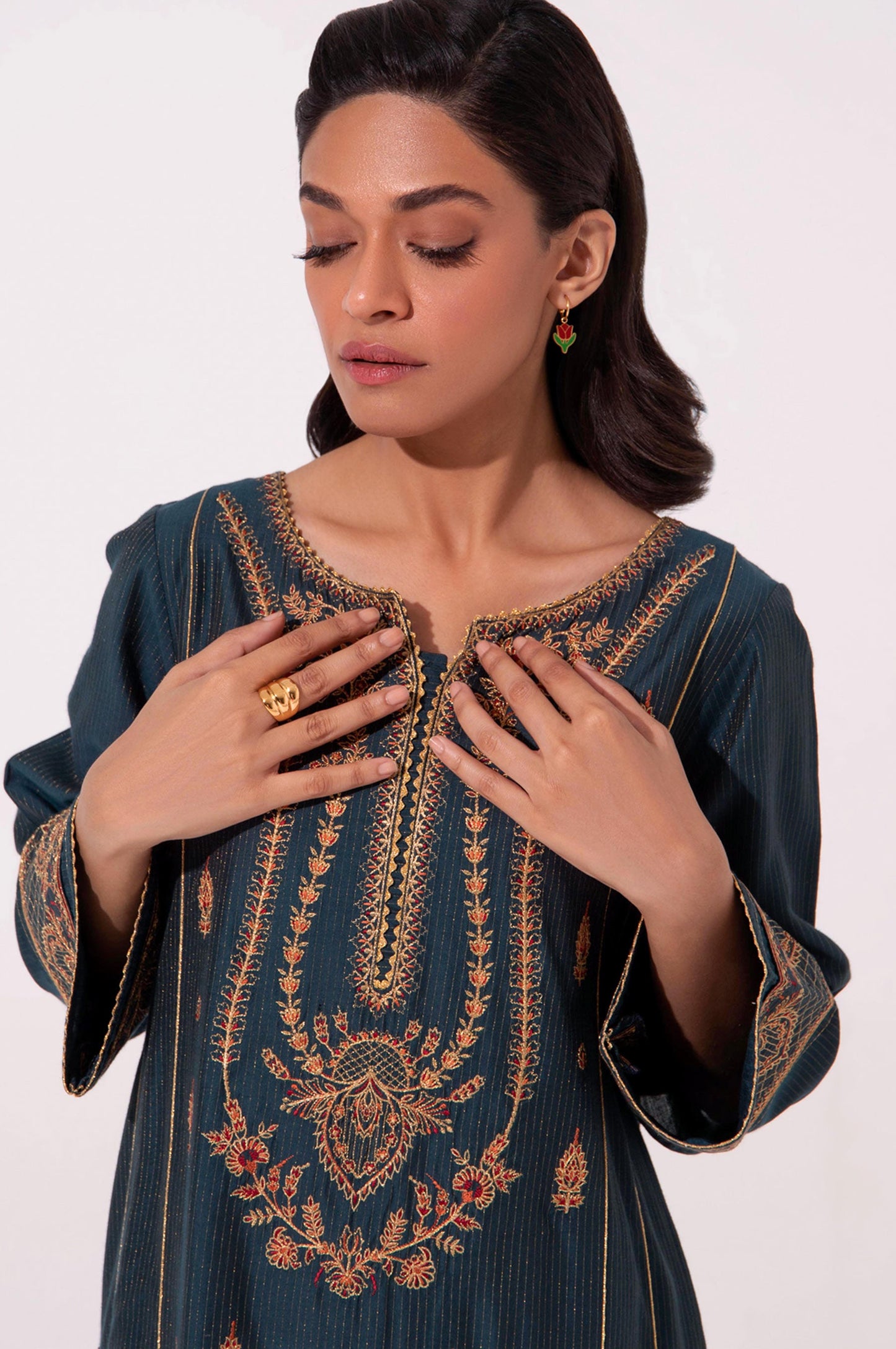 Stitched 1 Piece Embroidered Cotton Silk Shirt