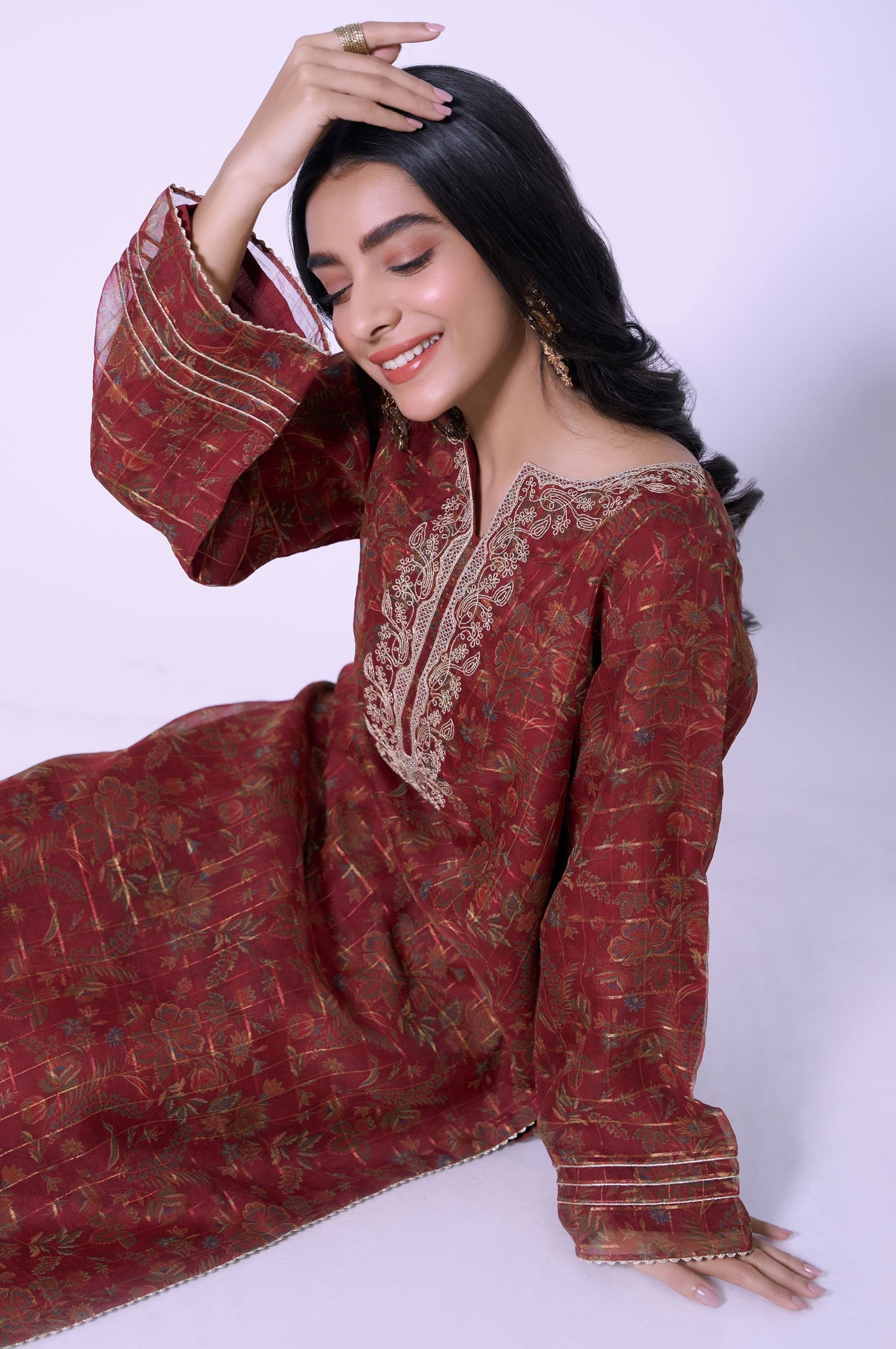 Stitched 1 Piece Printed Organza Embroidered Shirt