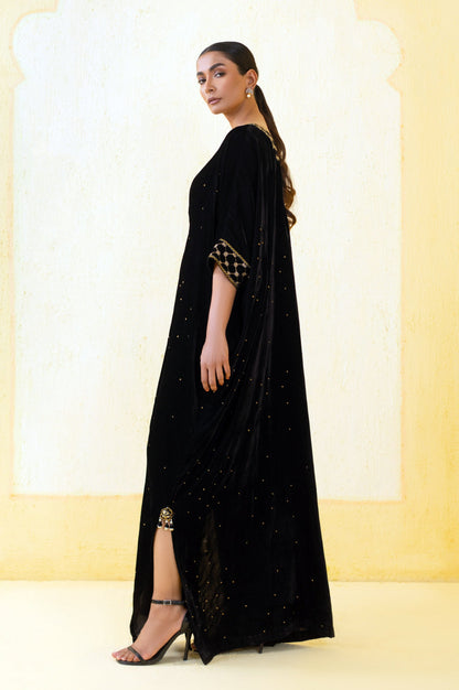 Stitched 1 Piece Velvet Kaftan - Black