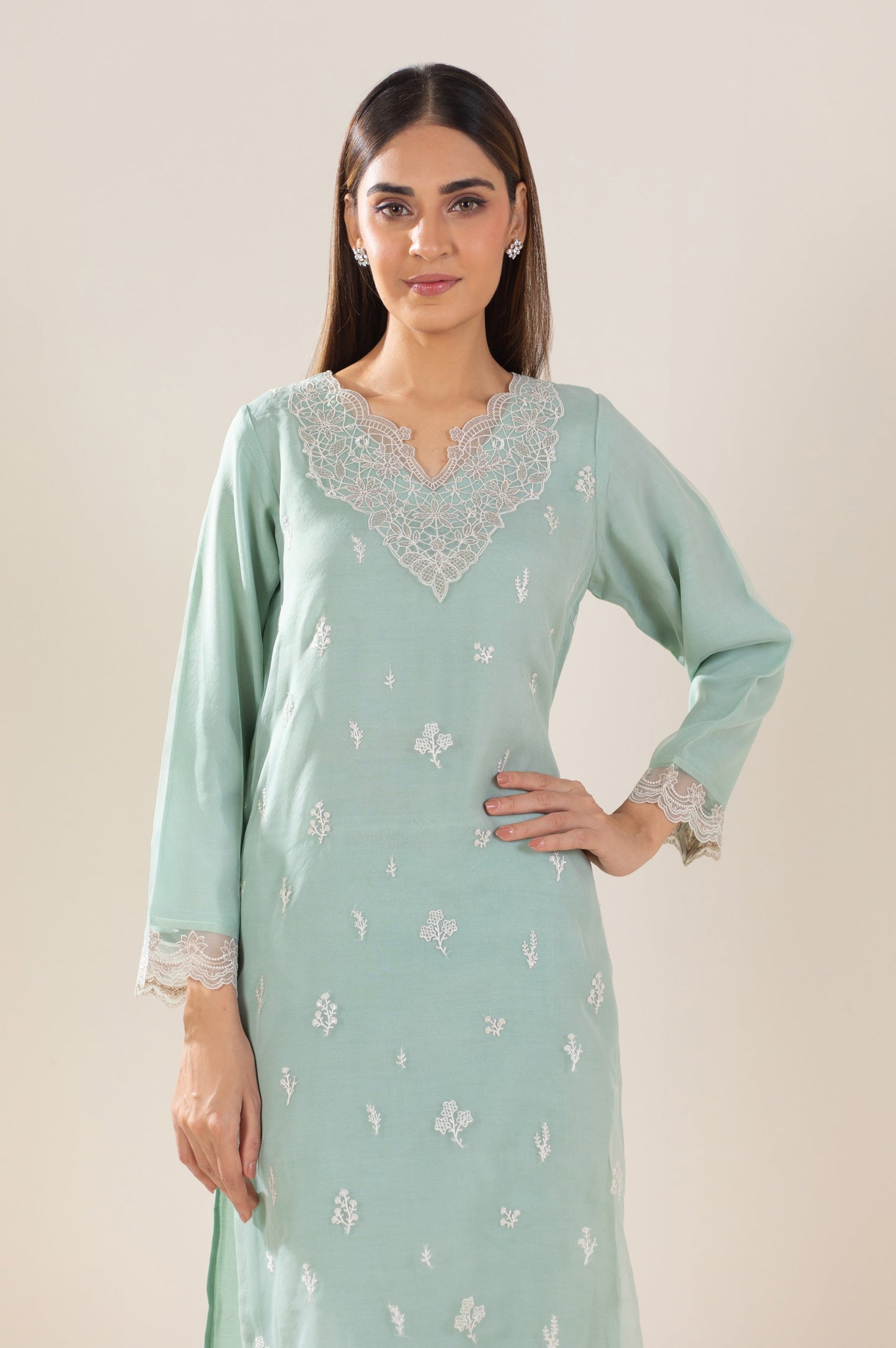 Sticthed 1 Piece Embroidered Organza Shirt