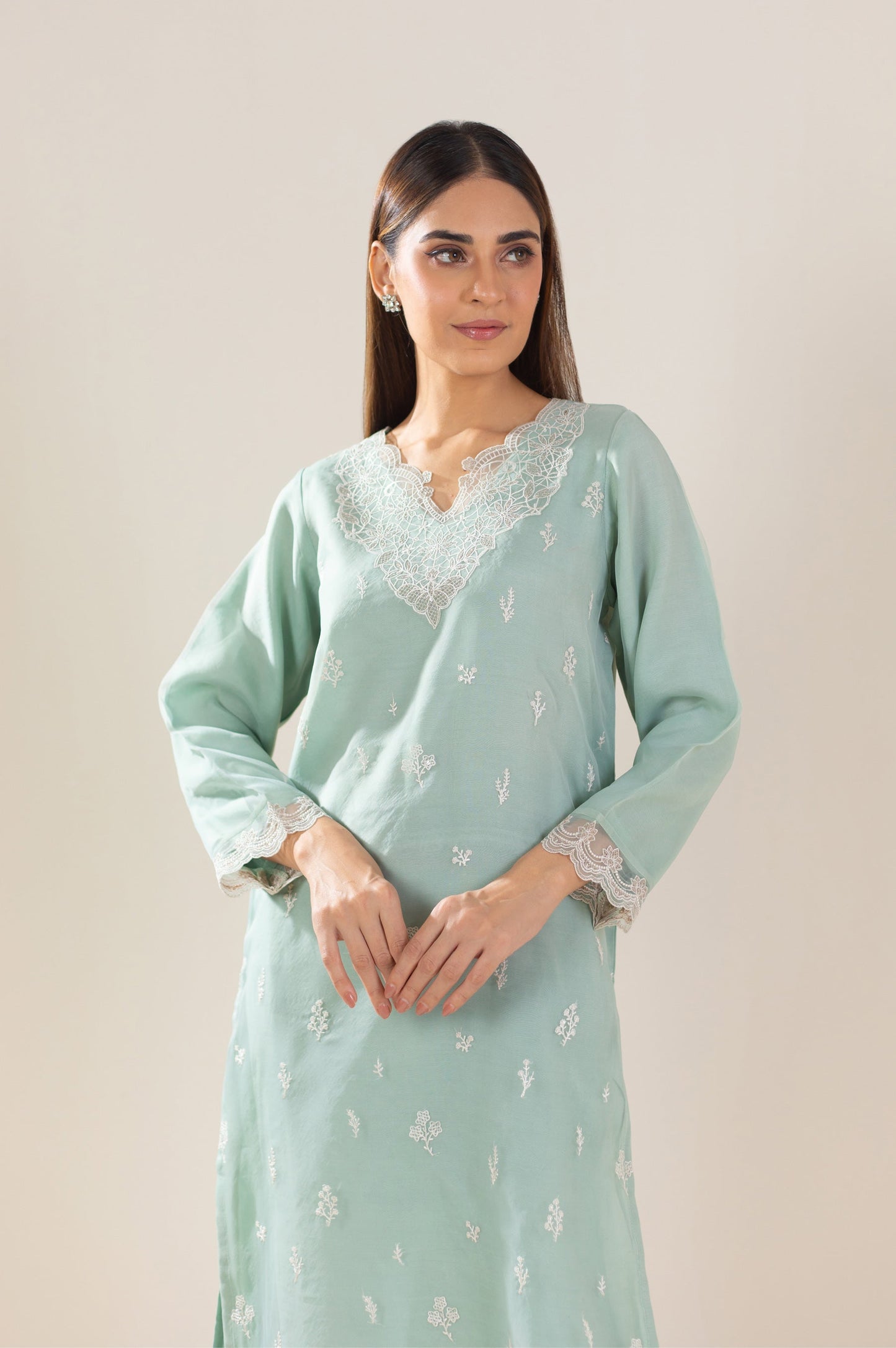 Sticthed 1 Piece Embroidered Organza Shirt