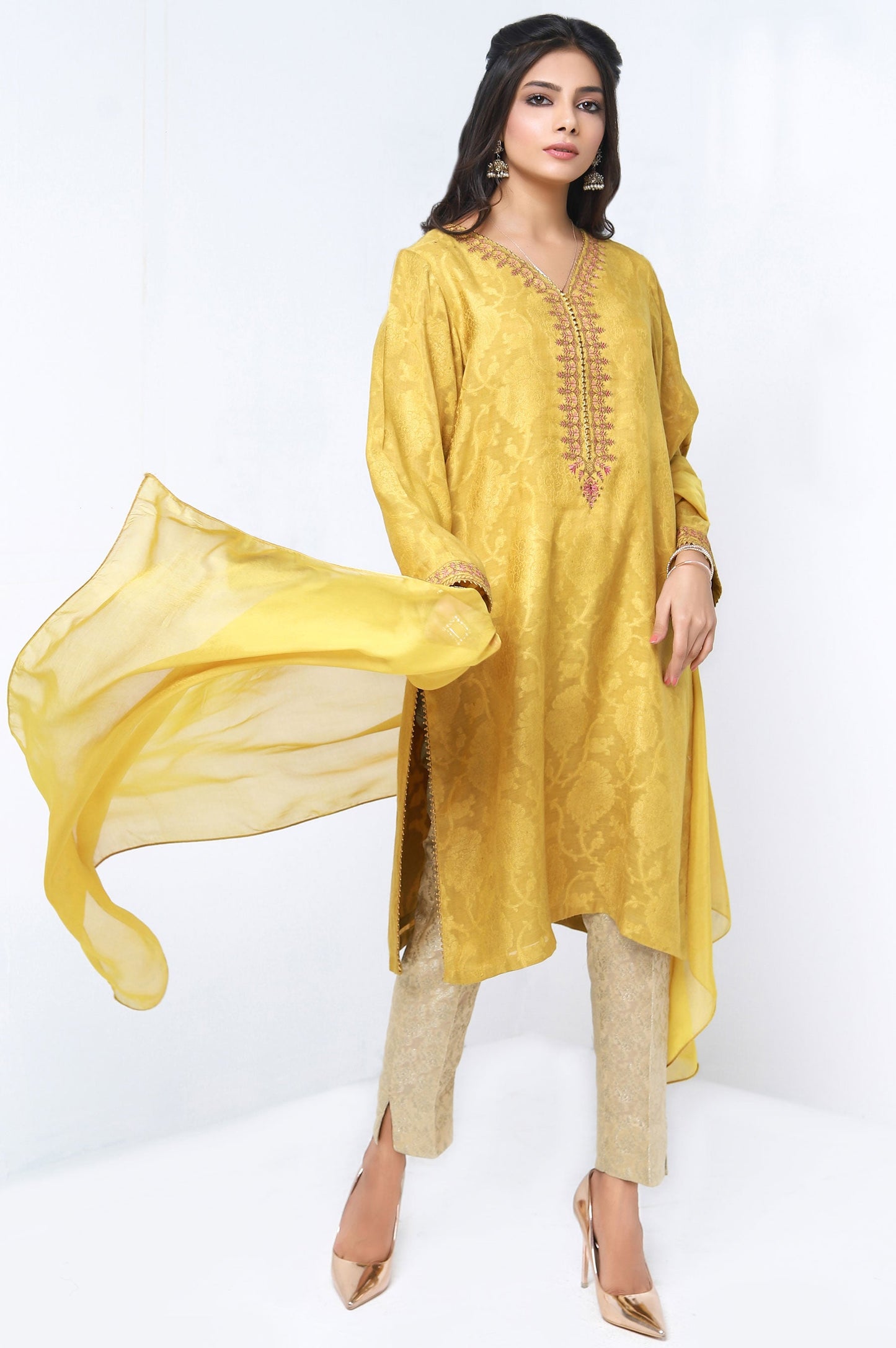 Stitched 2 Piece Self Jacquard Embroidered Shirt