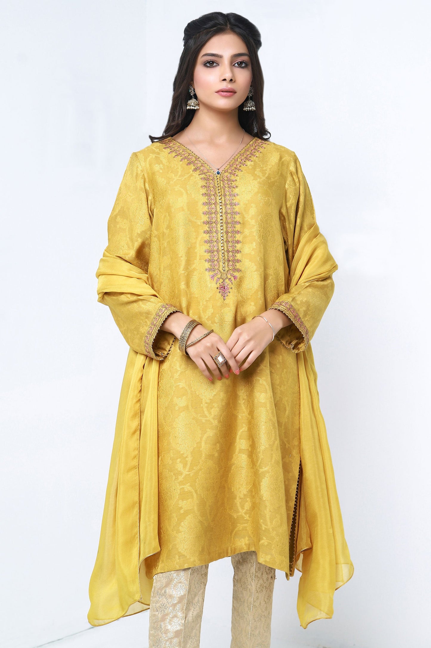 Stitched 2 Piece Self Jacquard Embroidered Shirt