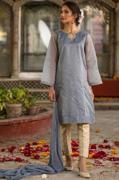 Stitched 2 Piece Striped Organza Embroidered Suit