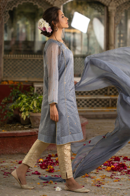 Stitched 2 Piece Striped Organza Embroidered Suit